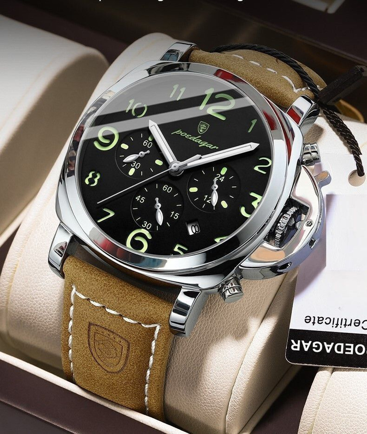 Image of OVERFLY POEDAGAR Mens Watch Analog Chronograph Luxury Brown Strap Wrist Watch For Men Analog Watch - For Men