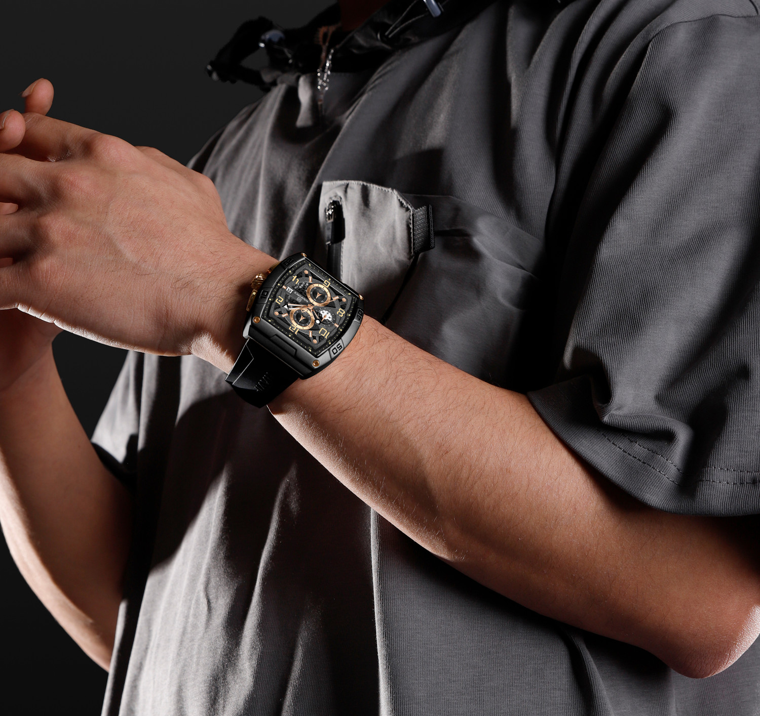 Image of NAVIFORCE 8052 Rosegold & Black Luminous Hollow Dial with three chrongraph function Analog Watch - For Men