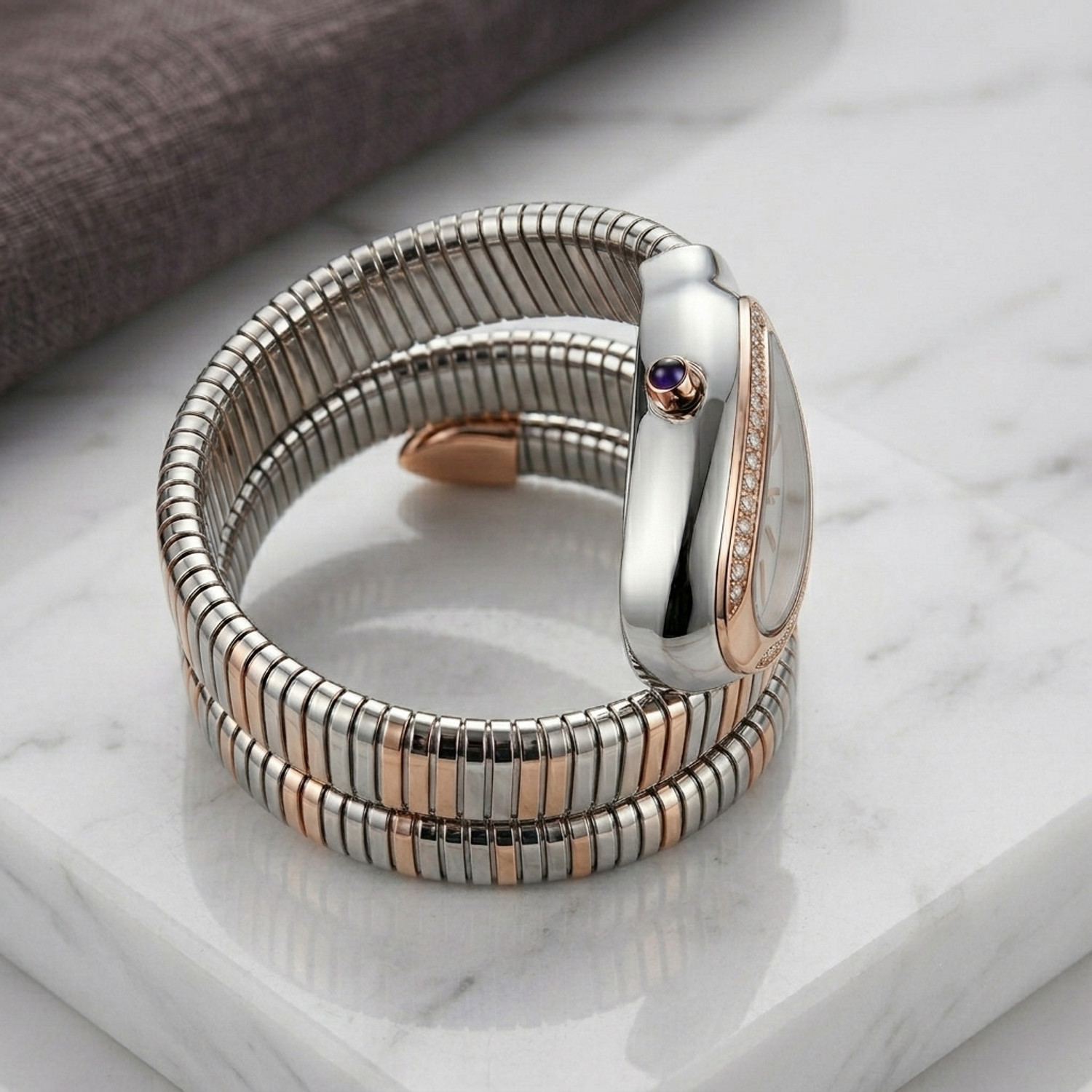 Image of WiseWalker WiseWalker Luxury Tri-Tone Snake Head Dial with Coiled Stainless Steel Bracelet Analog Watch - For Women