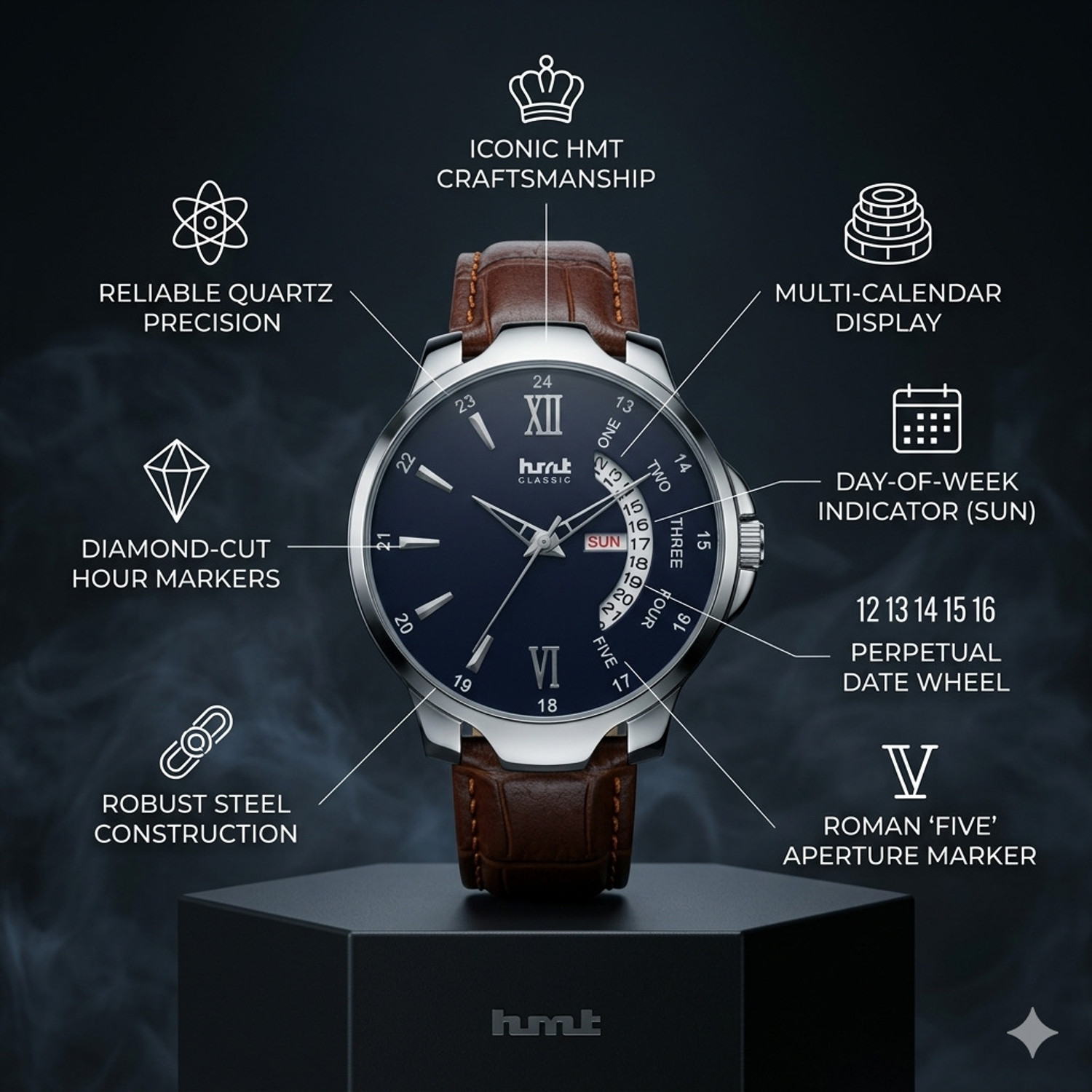 Image of HMT DLX H-2973SL01 DD Blue Brown Strap Premium Analog Watch - For Men