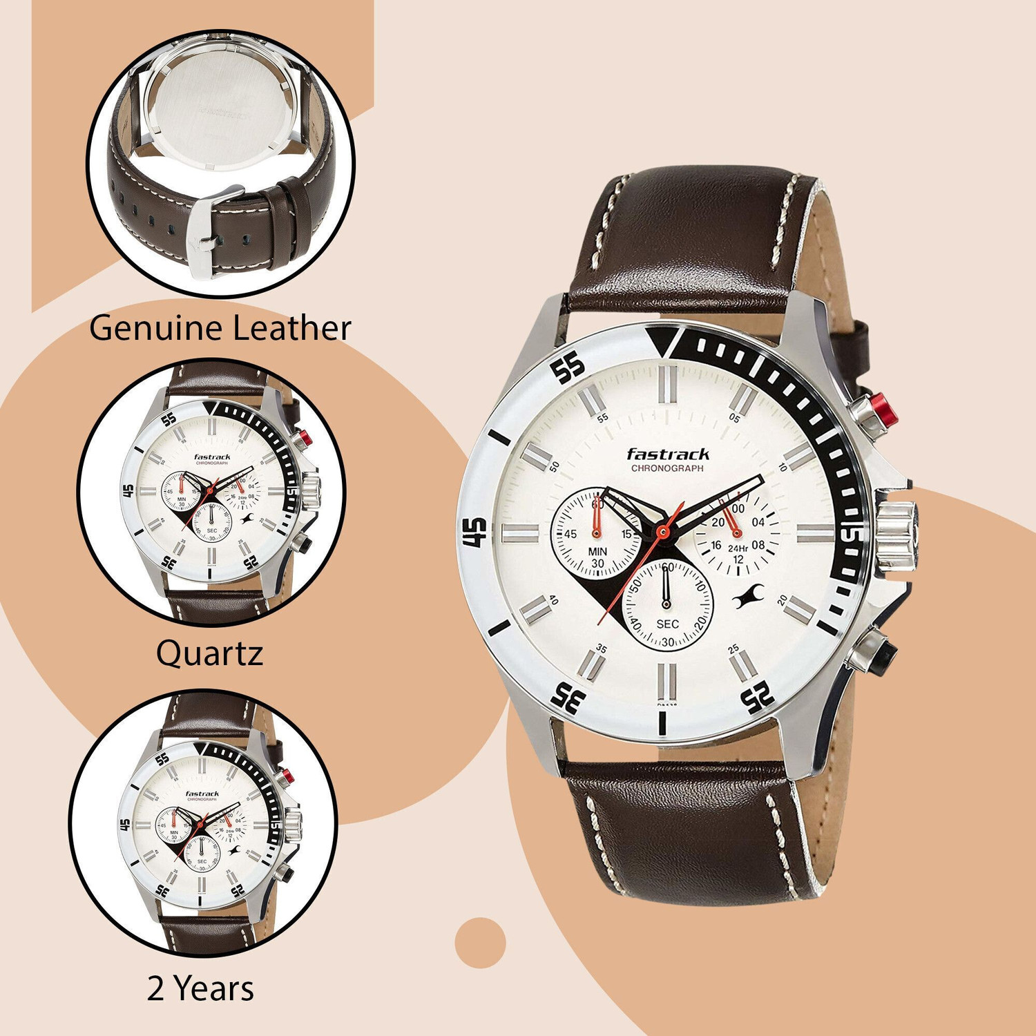 Image of Fastrack NP3072SL01 Fastrack Big Time Chronograph White Dial Brown LeatherStrap Analog Watch - For Men