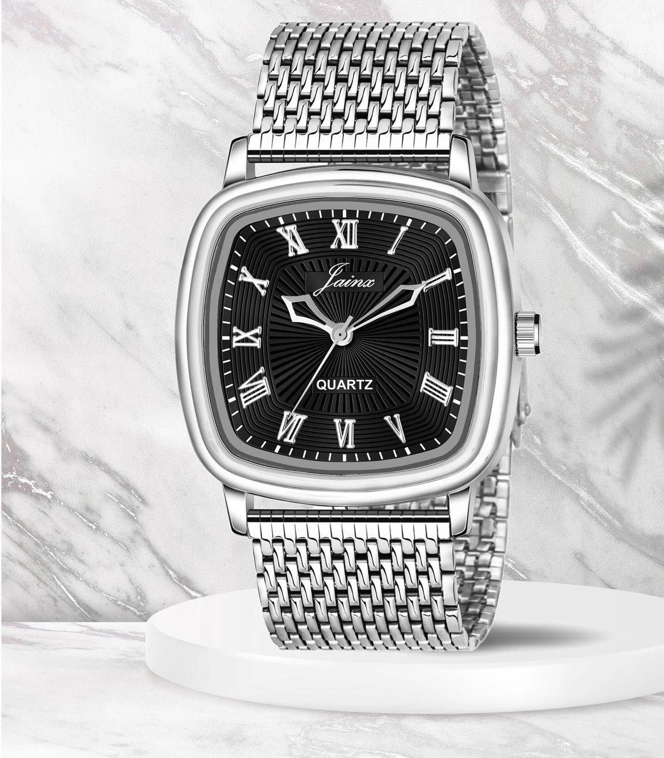 JAINX Black Square Dial Steel Chain Vintage Analog Watch - Image 1