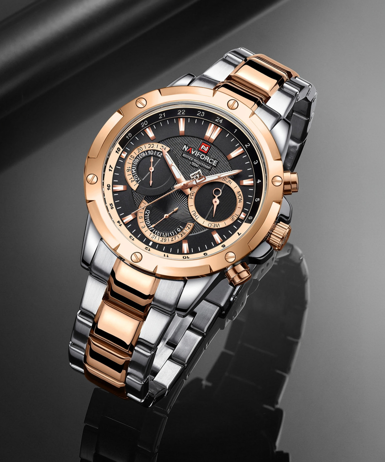 Image of NAVIFORCE 9196 Rosegold & silver steel strap with working chronograph new style for daily life Analog Watch - For Men