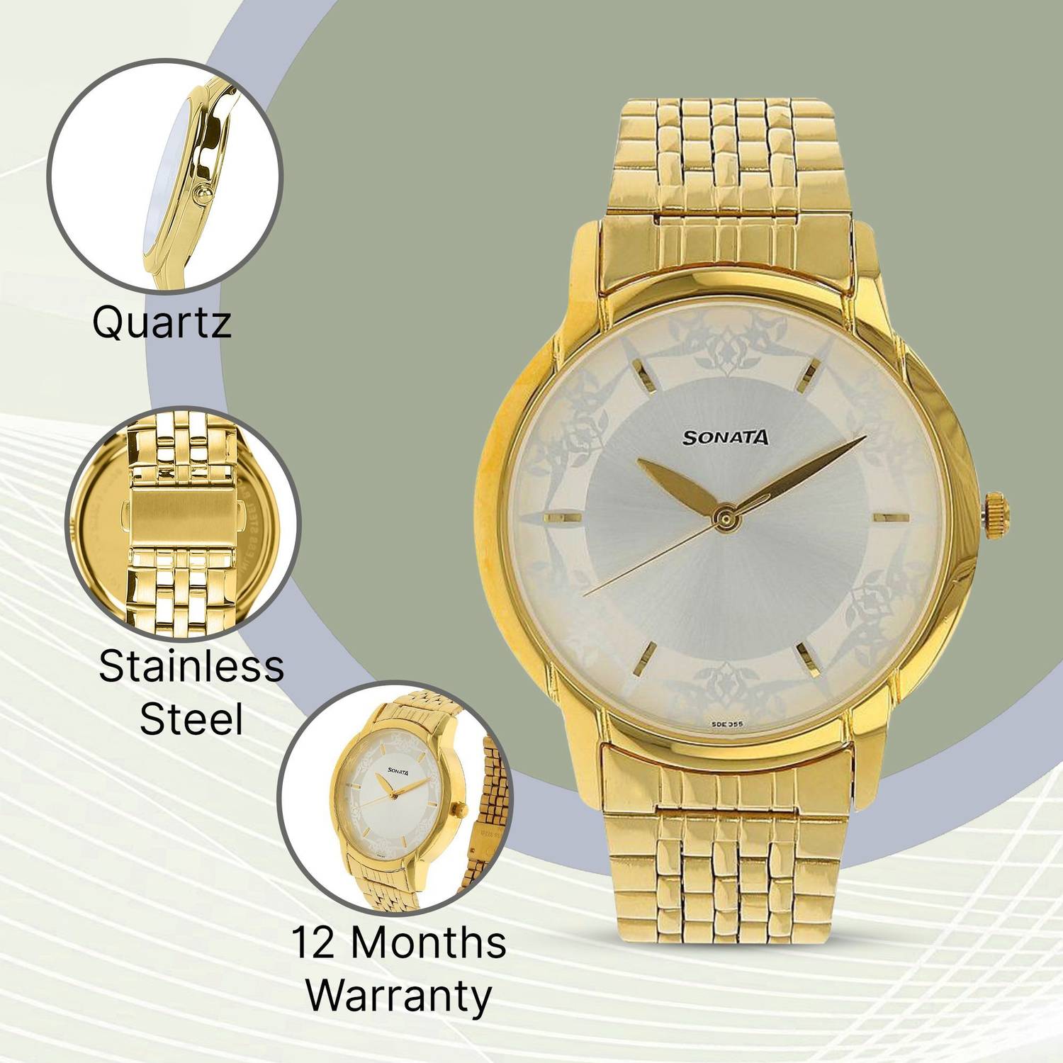 Sonata NP77031YM01 Silver Dial Gold Stainless Steel Watch - Image 3