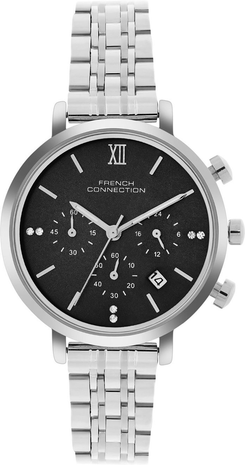 Image of French Connection Luxor LUXOR Dated Black Sunray Round Dial | Women's Silver Chronograph Watch Analog Watch - For Women