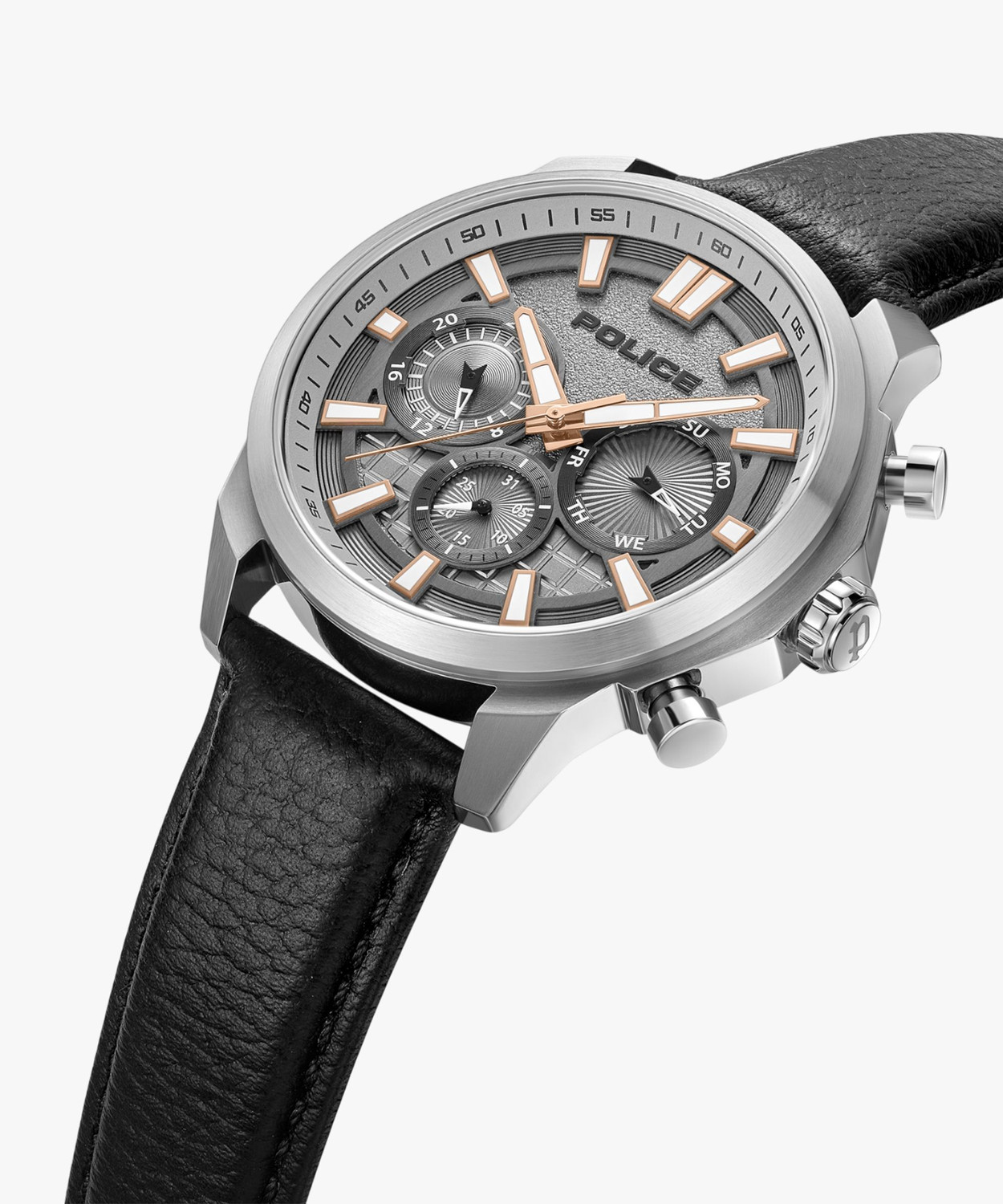 Image of Police Police Multifunction Grey Dial Black Leather Strap Analog Watch - For Men