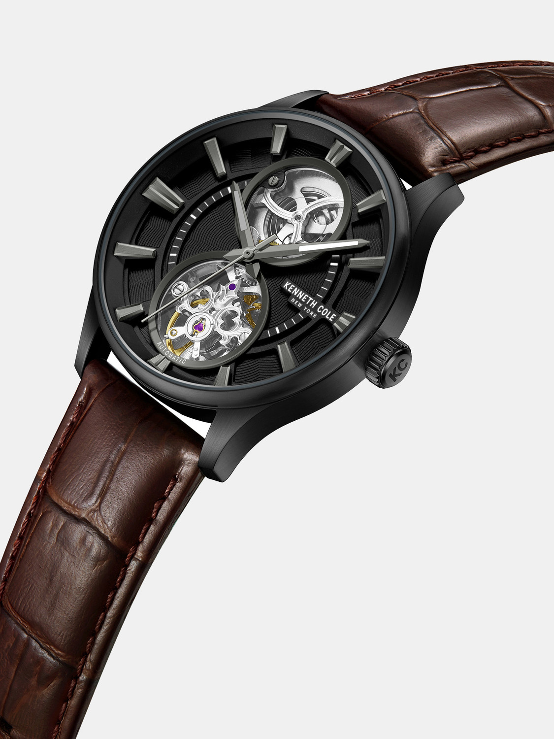 Image of Kenneth Cole Kenneth Cole Automatic Black Dial Brown Leather Strap Analog Watch - For Men