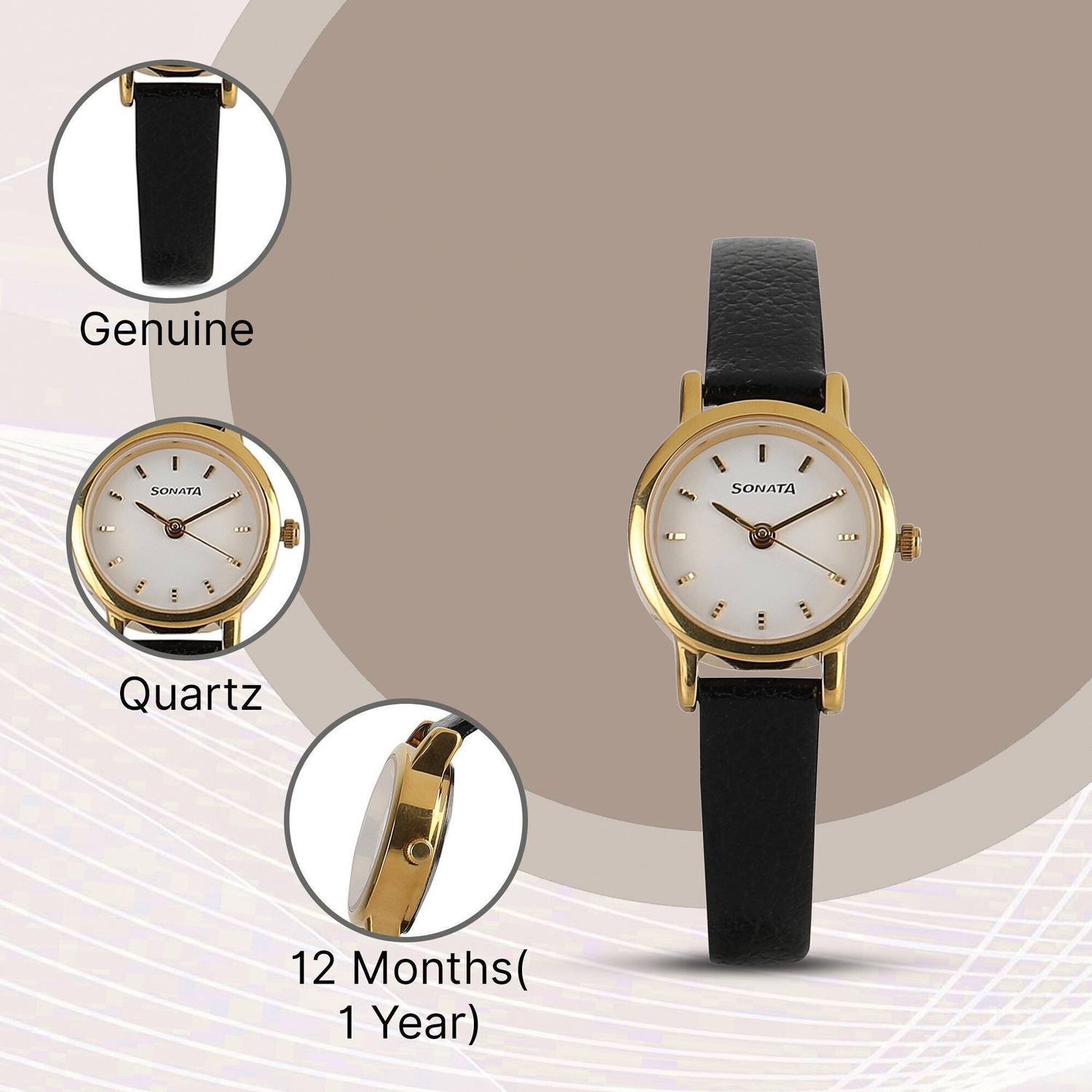 Sonata NP8976YL02W White Dial Black Leather Watch - Image 3