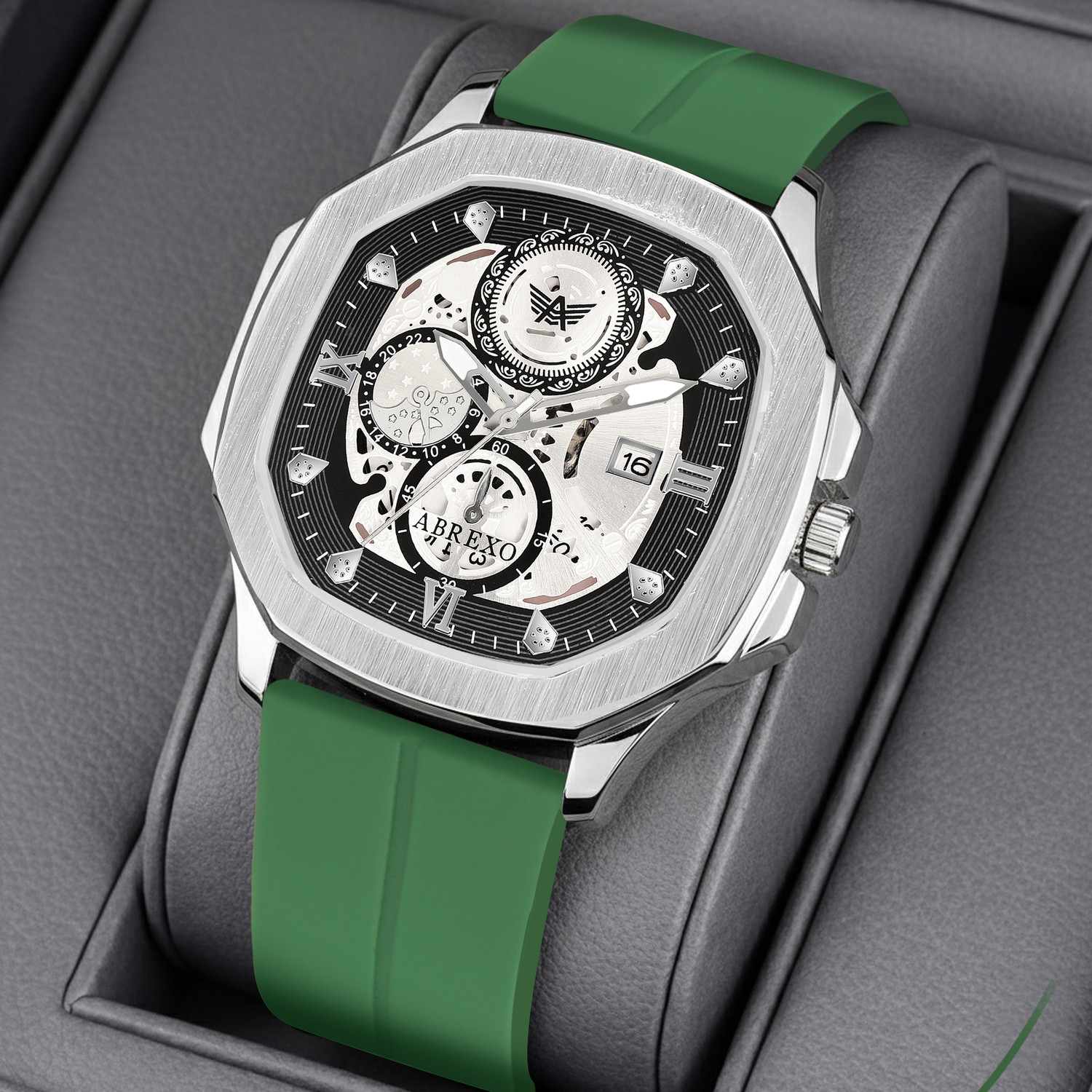 Image of ABREXO Abx8333-SL BK GRN MGT ST Chronograph Look Date Working Green Magnet Silicon Strap Quartz Watch For Boys Analog Watch - For Men