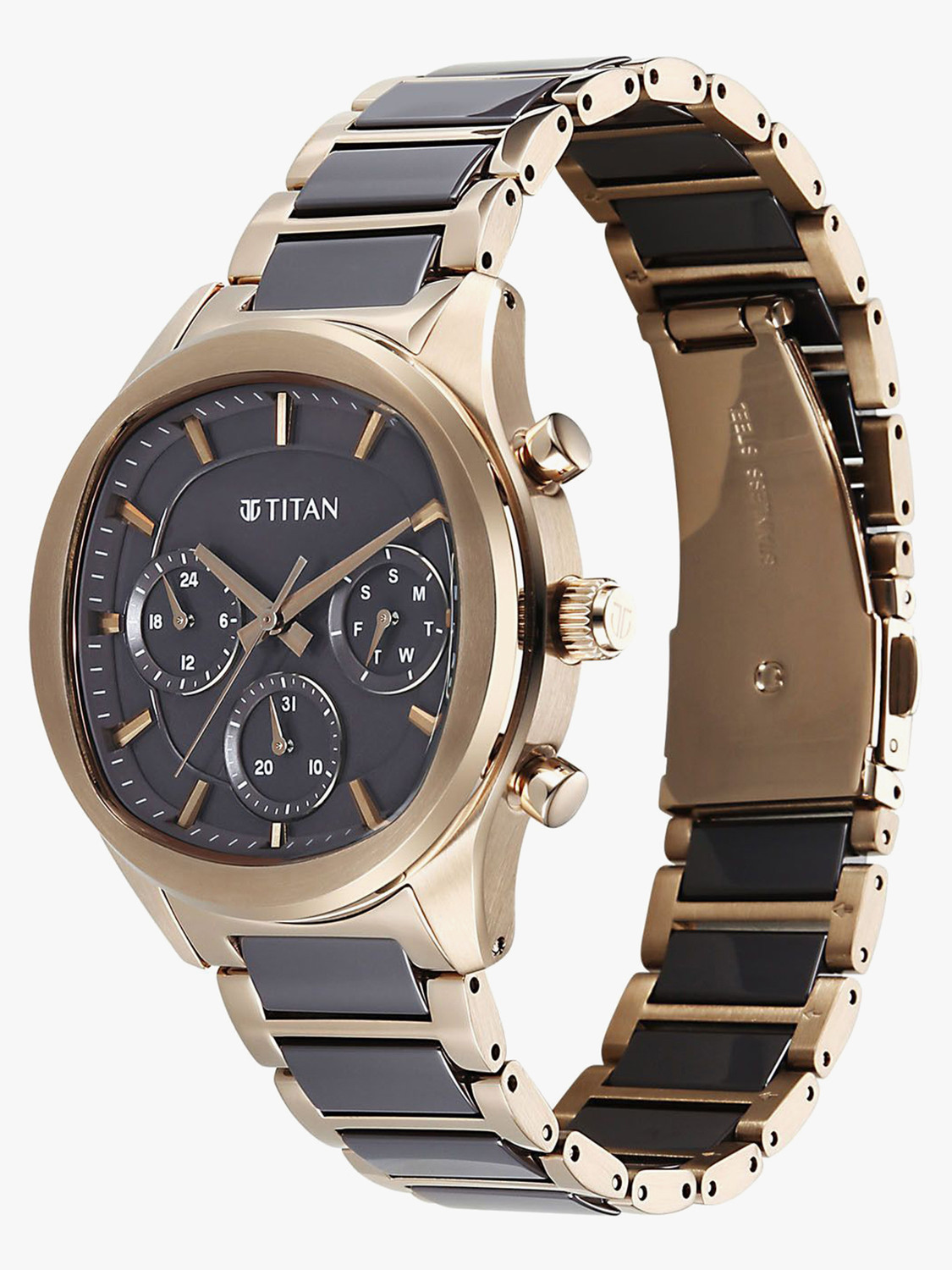Image of Titan CERAMIC FUSION 3.0 Ceramic Fusion 3.0 Grey Dial Grey Solid Link Stainless Steel Strap Analog Watch - For Men