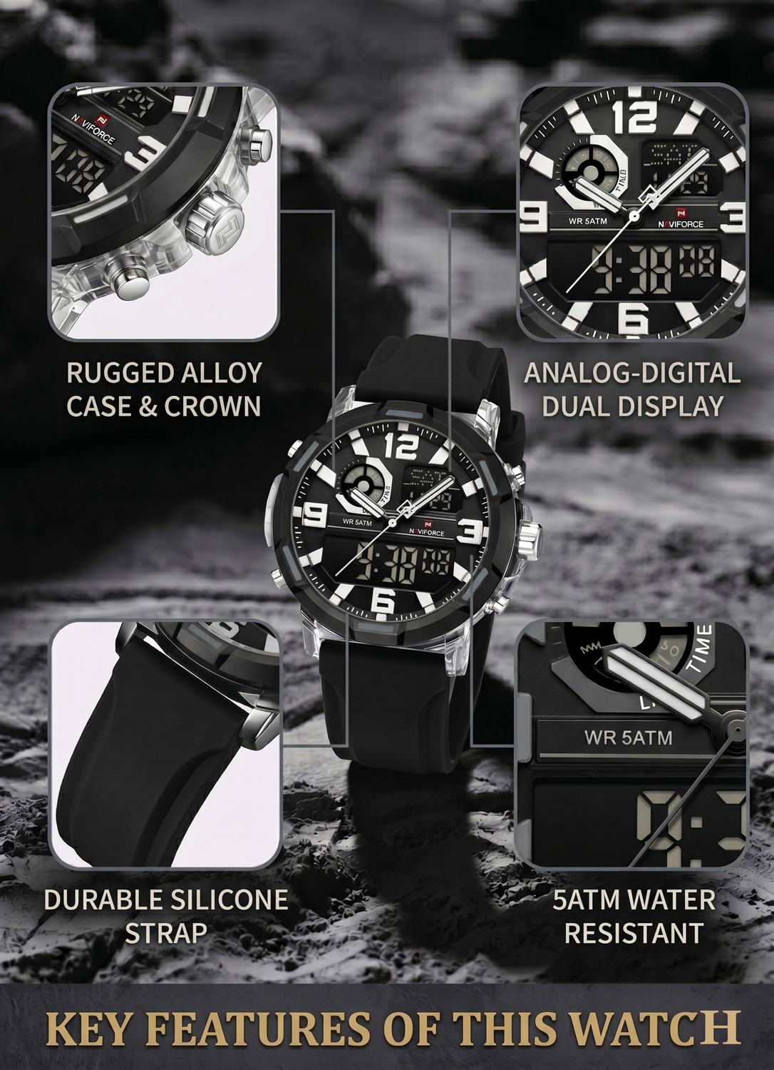 Image of NAVIFORCE NF7130 Black Silicon Strap With White Date Display Dial Analog-Digital Watch - For Men