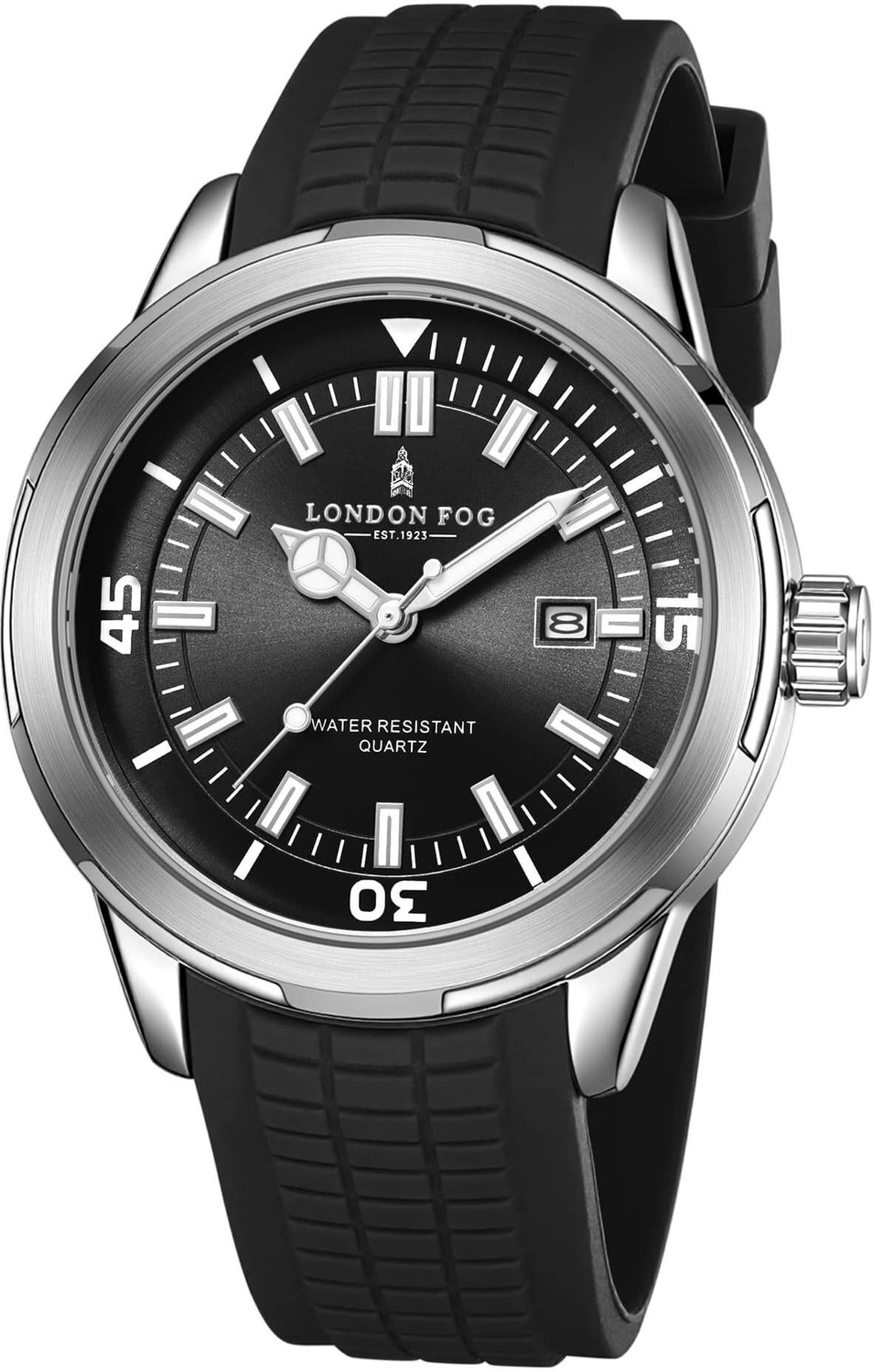 Image of London Fog Black Dial and Silicone Strap, Round Metal Case, Date Display, Luminous Markers Duke Collection Black Dial Silicone Strap Round Metal Case Date Luminous Markers Analog Watch - For Men