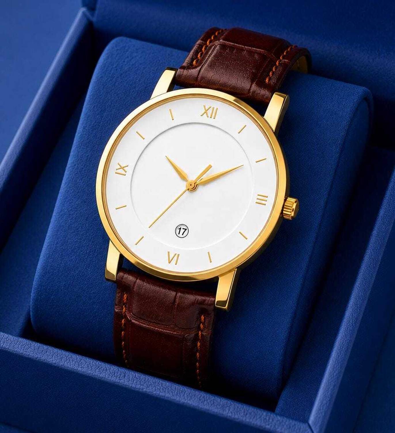 HMT Quartz Gold-White Dial Brown Strap Watch - Image 1