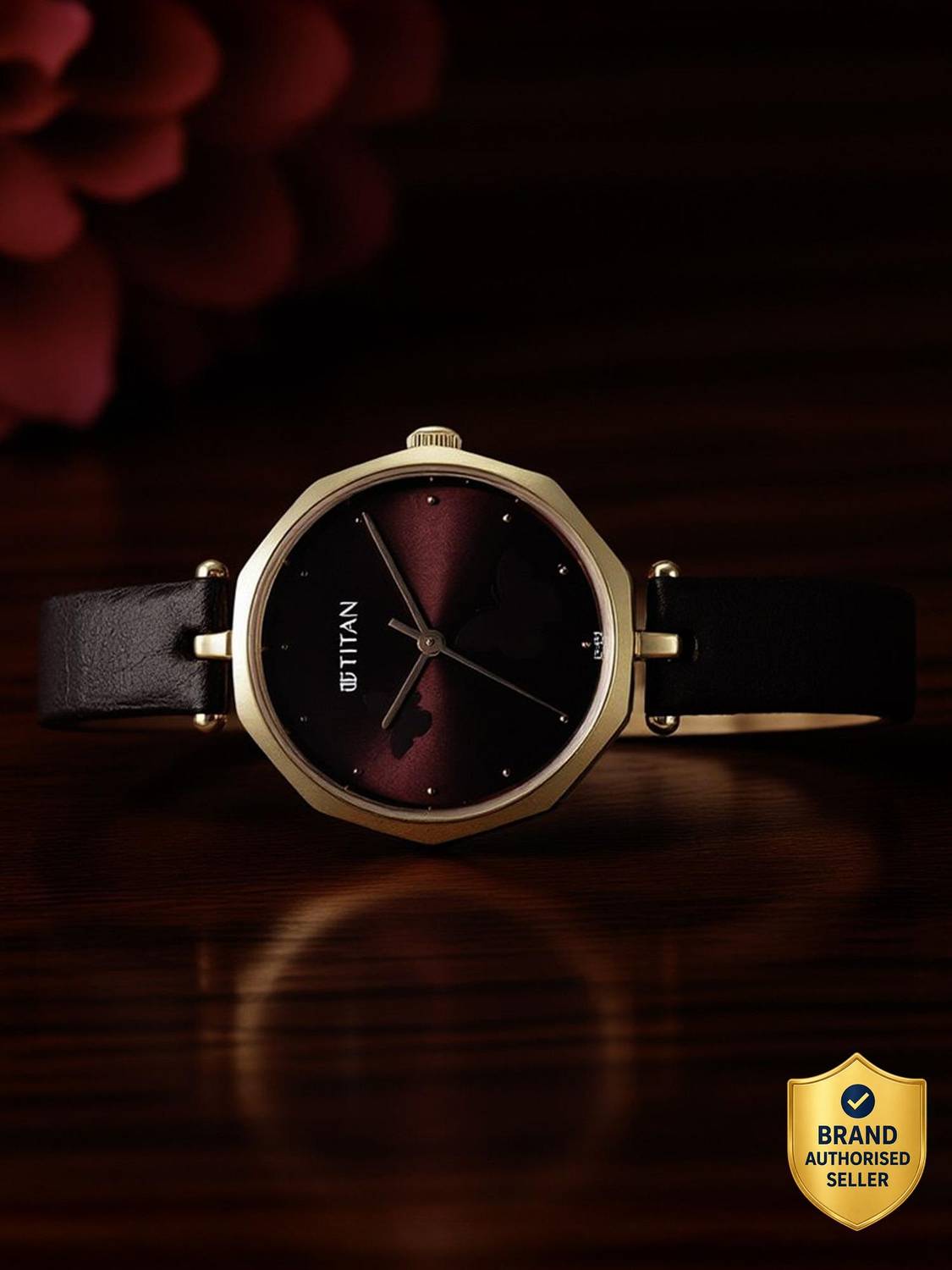 Titan Ladies Karishma Maroon Dial Brown Leather Watch - Image 1