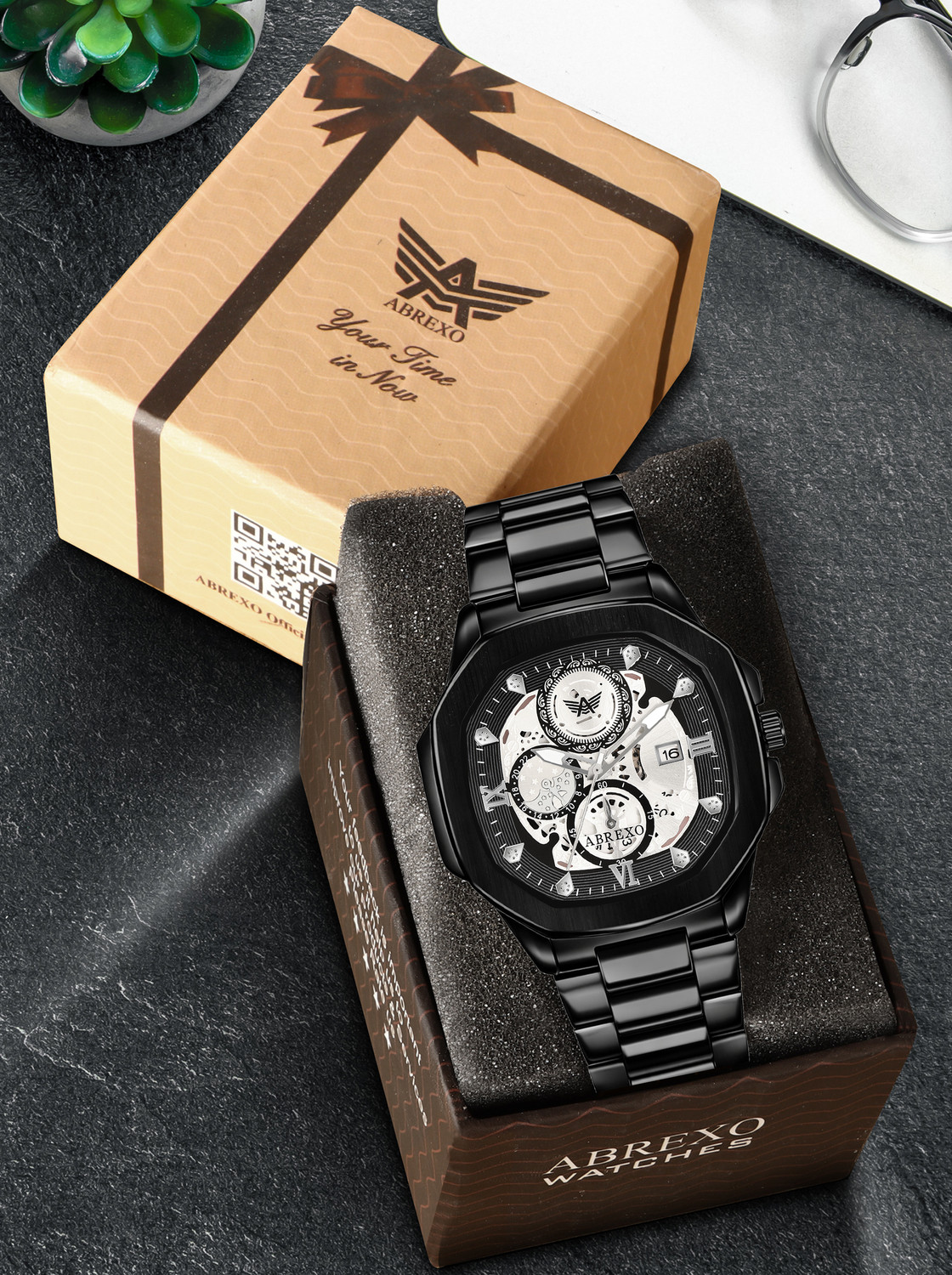 Image of ABREXO Abx8313-Black Bracelet GODFATHER Square Chrono Look Black Dial Date Working Stainless Strap For Boys Analog Watch - For Men