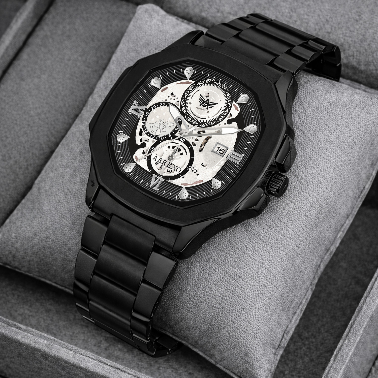 Image of ABREXO Abx8313-Black Bracelet GODFATHER Square Chrono Look Black Dial Date Working Stainless Strap For Boys Analog Watch - For Men