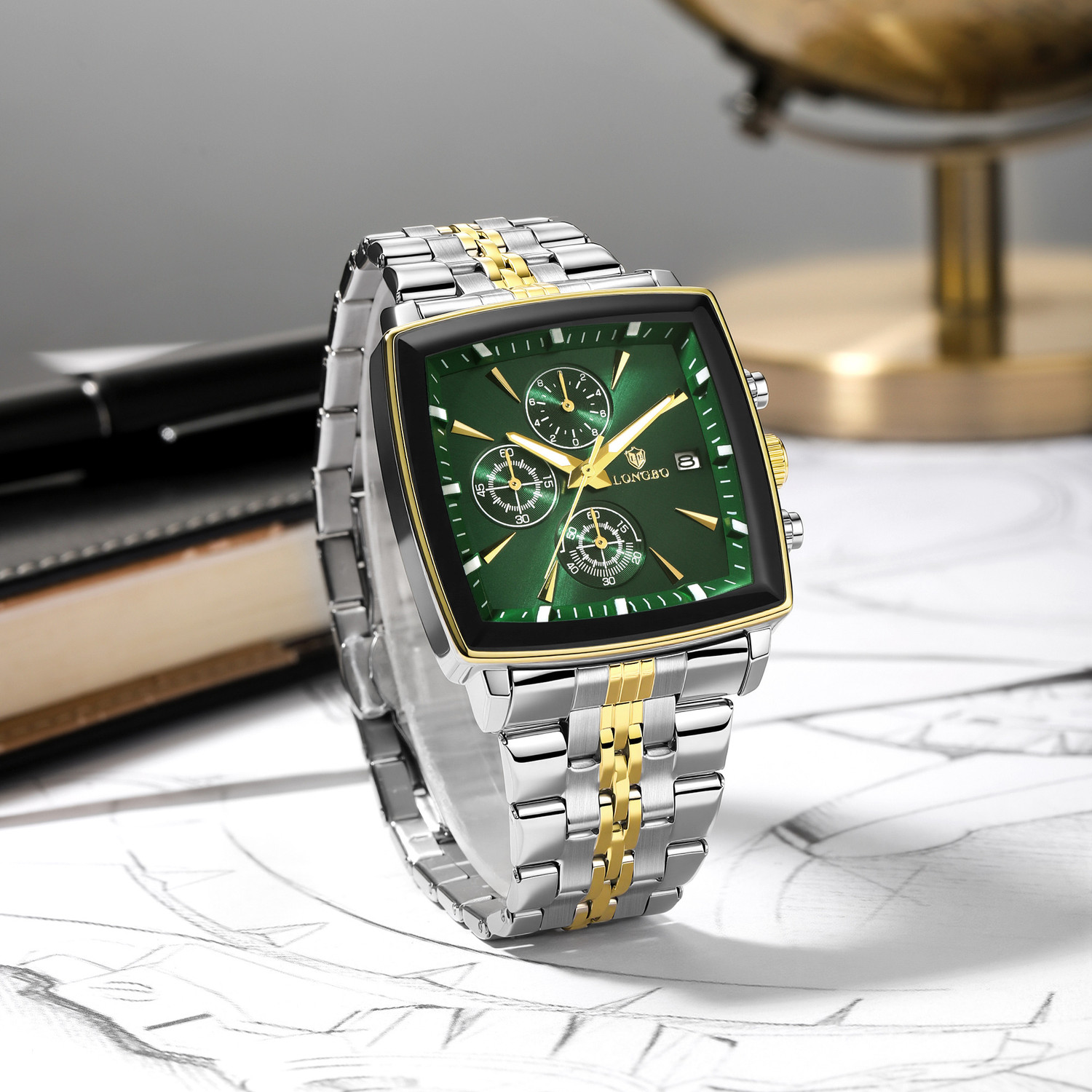 Image of Longbo Men's watch, Analog watch, Black dial watch, Stainless steel watch Elevate 83826 Chronograph Watch with Refined Square Dial Analog Watch - For Men