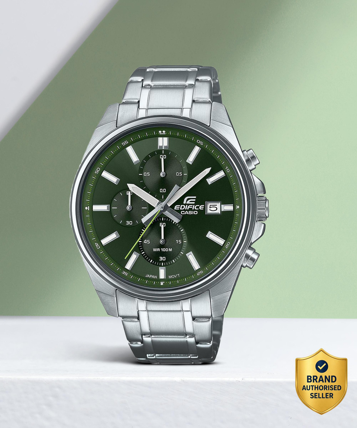 Image of CASIO Edifice Green Dial Silver Stainless Steel Band Analog Watch - For Men ED571 (EFV-610D-3CVUDF)
