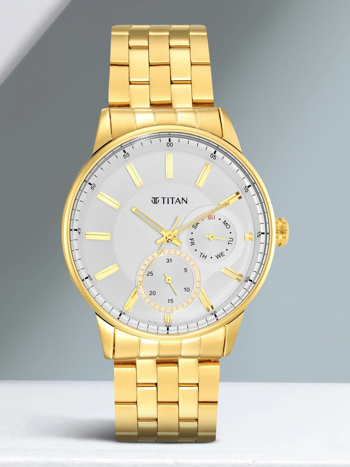 Image of Titan NP9441YM01 Titan Regalia Opulent Multifunction White Dial Gold SS Strap Analog Watch - For Men