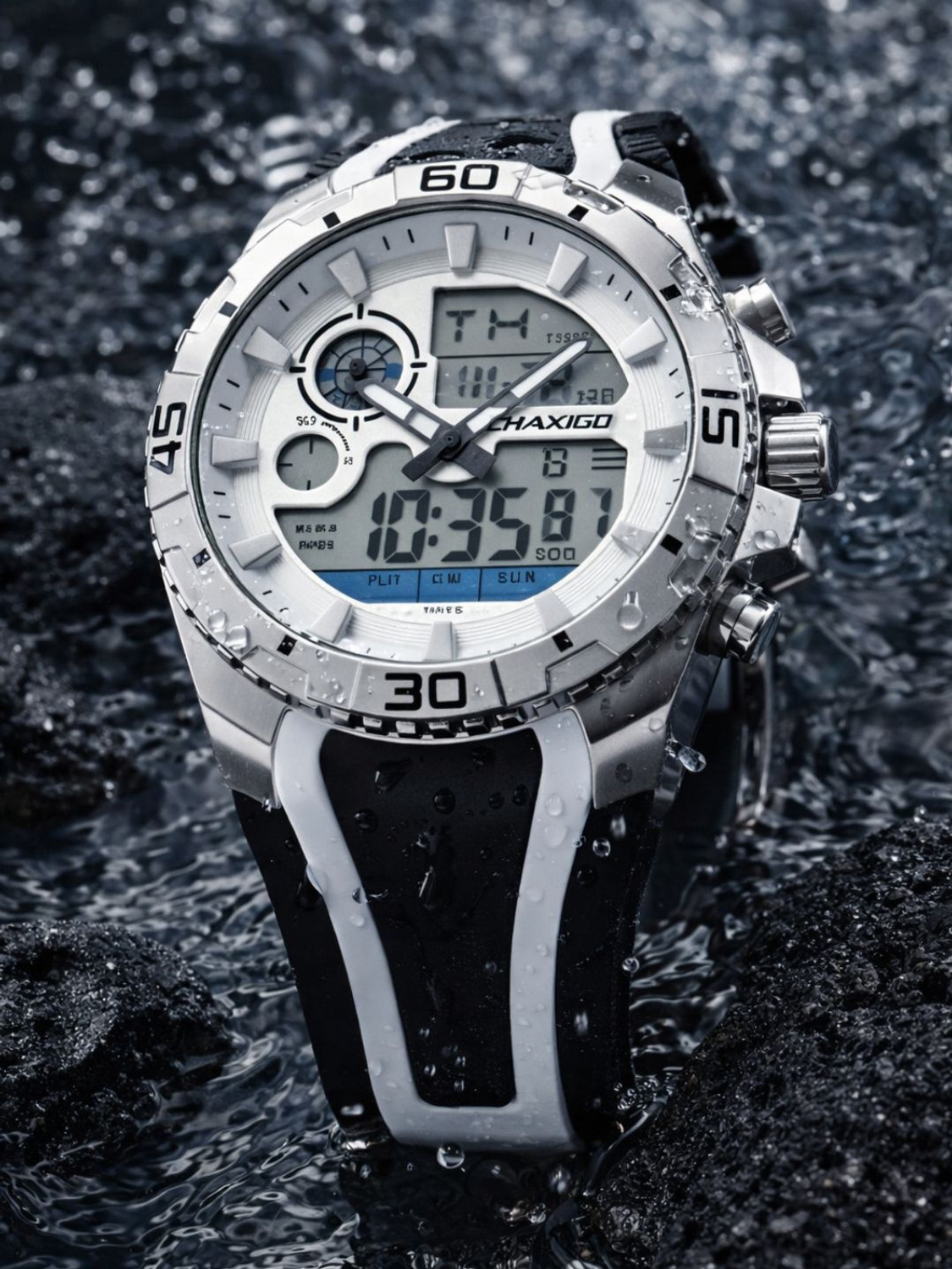 Image of Chaxigo Stylish Multi-functional White Dial White-Black Silicone Strap Analog-Digital Watch - For Men
