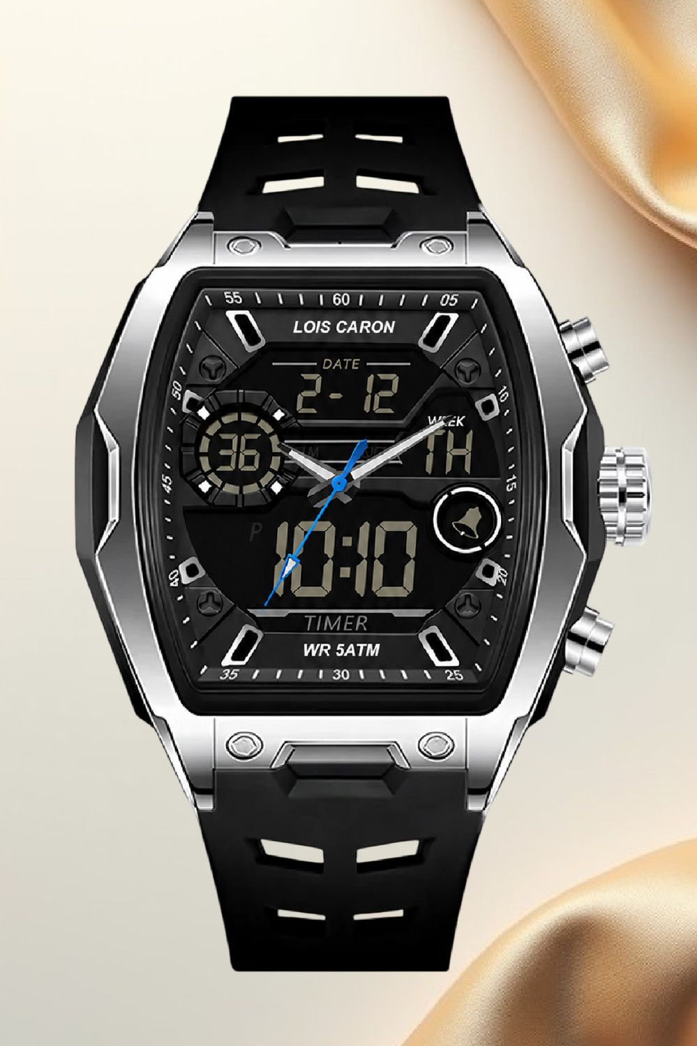 Image of LOIS CARON LCDA8028 Analog Digital Watch for Men | curved Barrel Shaped Multifunction Dual Display Analog-Digital Watch - For Men