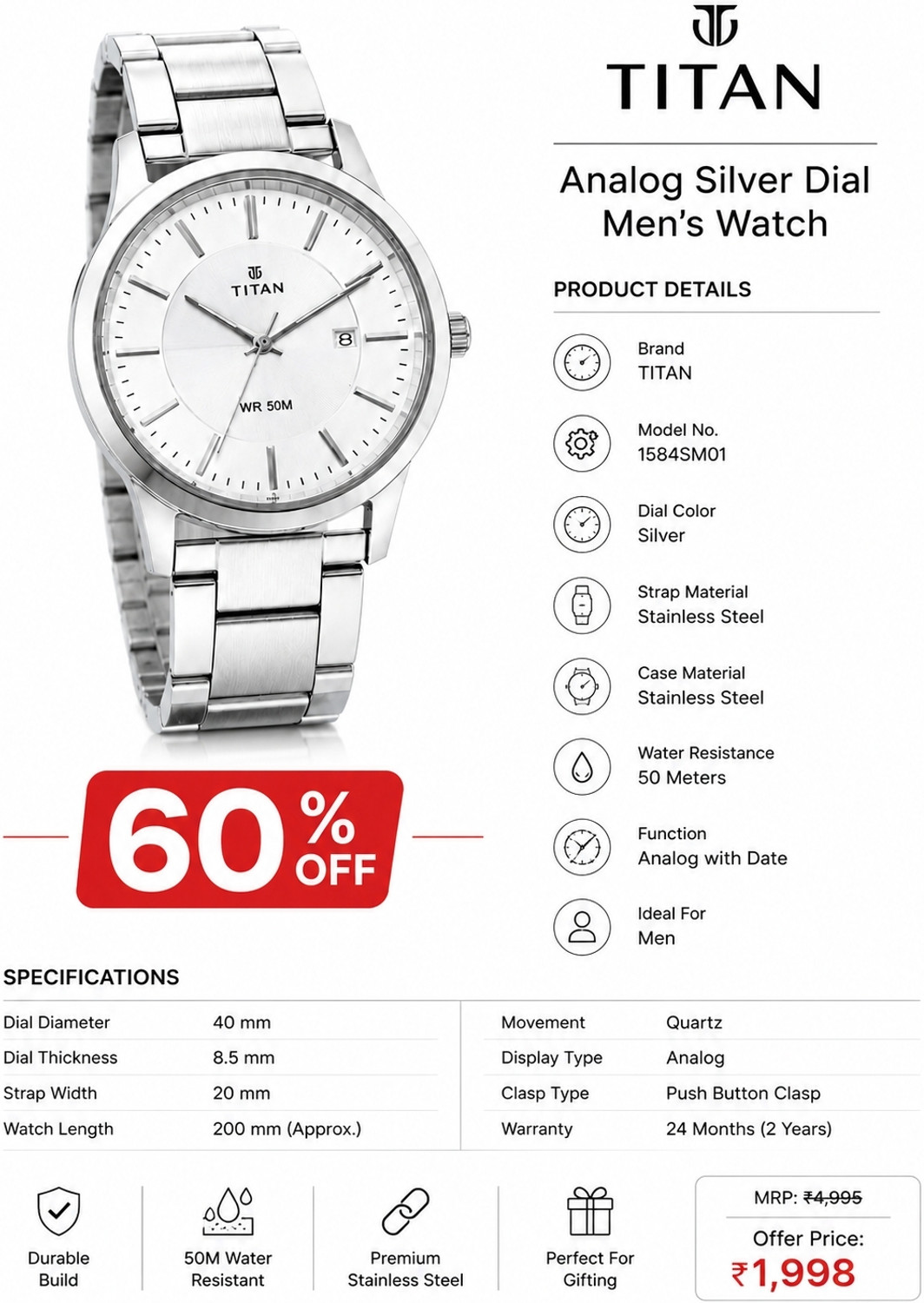Image of RKTRADERS Classic Silver Analog Wrist Watch Primium series Analog Watch - For Men