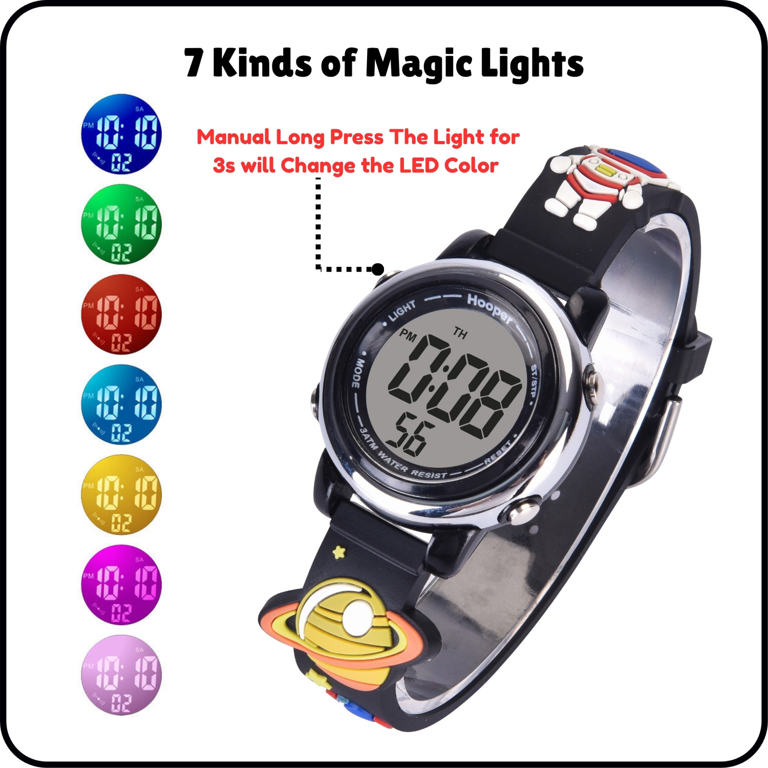 Image of Hooper Space 3D Hooper 3D Kids Digital Watch, 7‑Color LED, Soft Silicone Strap, Age 5-10 Digital Watch - For Boys
