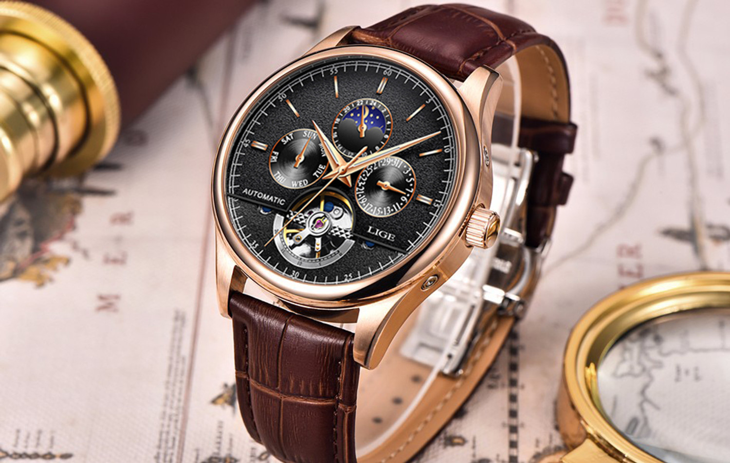 Image of Lige Mens Watch Automatic Chronograph Mechanical Skeleton Luxury wrist Watch Analog Watch - For Men