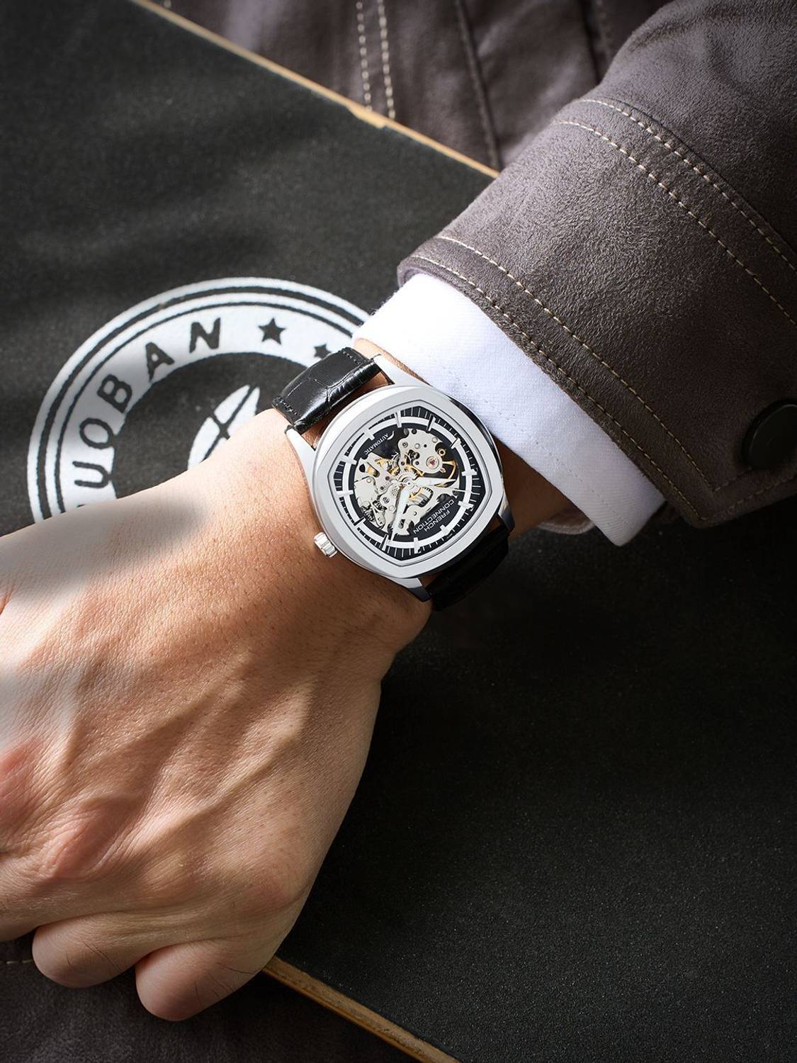 French Connection GEARION Silver Skeleton Watch - Image 2