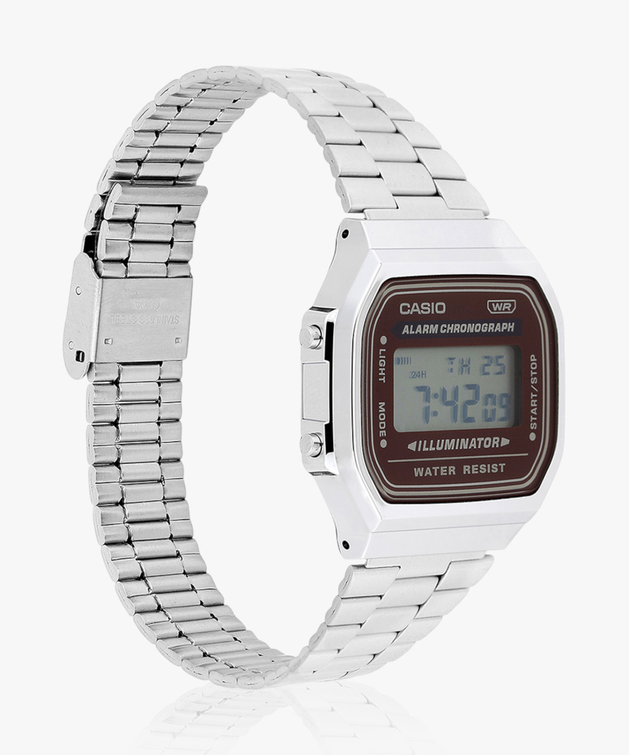 Image of CASIO A168WA-5AYDF Vintage Brown Dial Silver Stainless Steel Band Digital Watch - For Men & Women