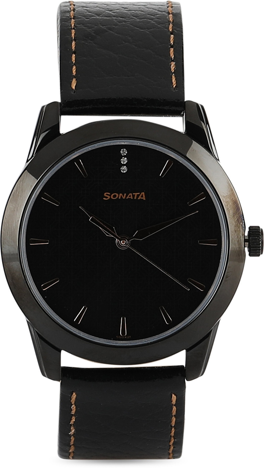 Image of SONATA NP7924NL01 Sonata Quartz Black Dial Black Leather Strap Analog Watch - For Men