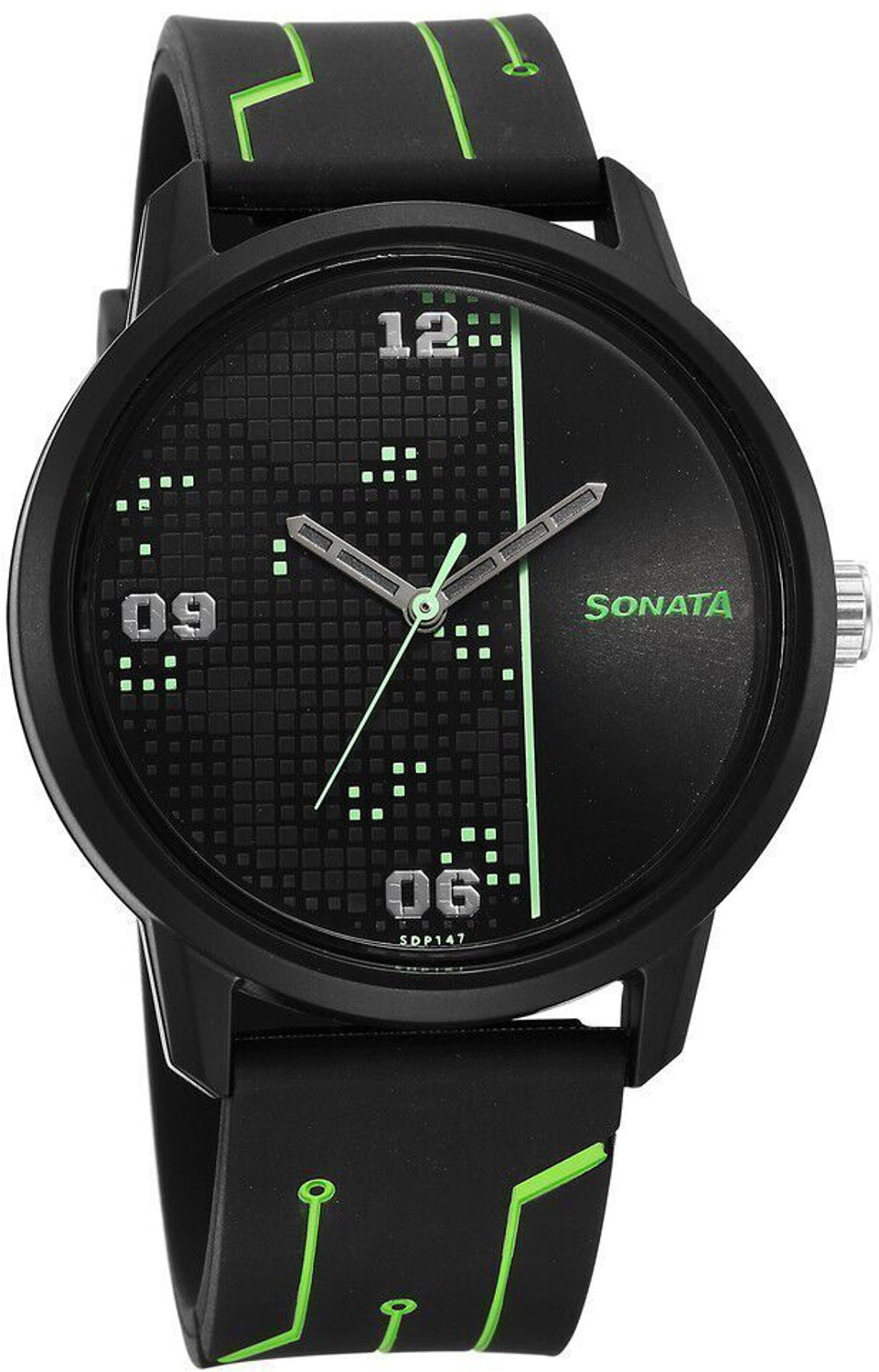 Image of Sonata Volt Black Dial Black Polyurethane Strap Analog Watch - For Men NT77085PP21W,NU77085PP21W