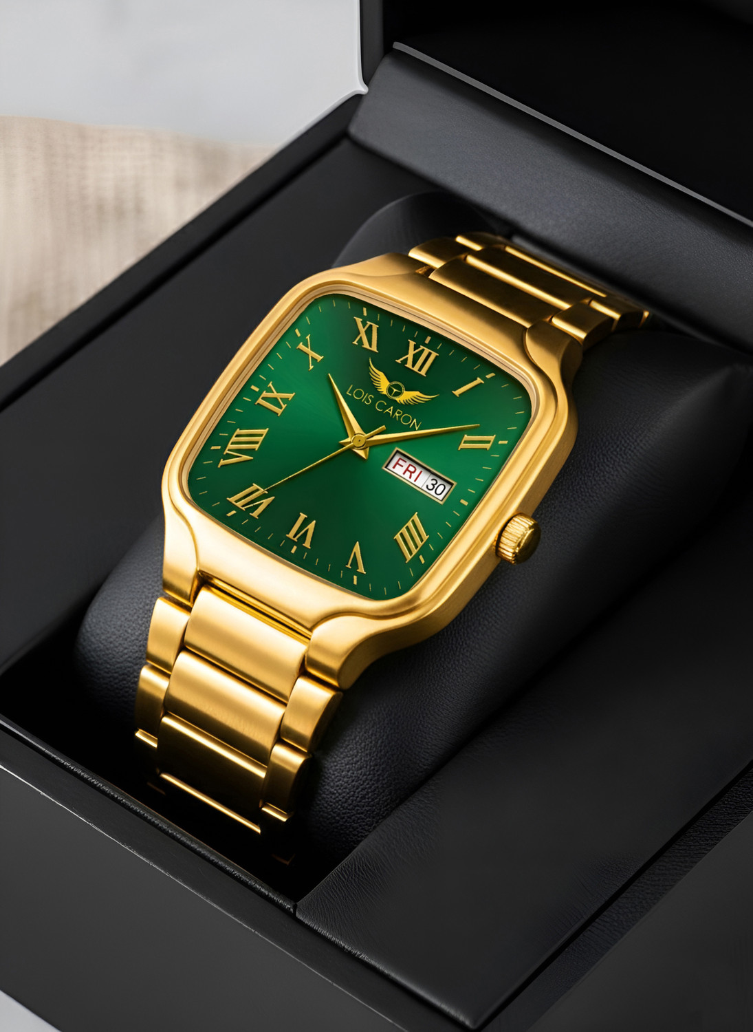 Image of LOIS CARON LCS-8641 Square roman number golden watch || Day & Date Function || elegant wrist watch Analog Watch - For Men