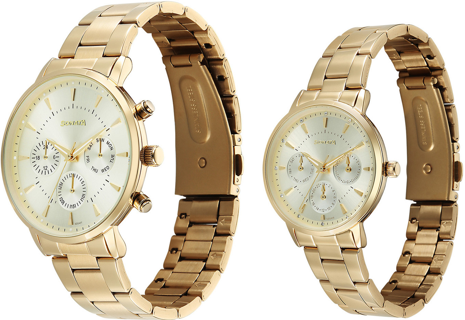 Image of SONATA Perfect Pairs Sonata Perfect Pairs P2 Quartz Gold Round Dial Men and Women Pair Watch / Analog Watch - For Men & Women
