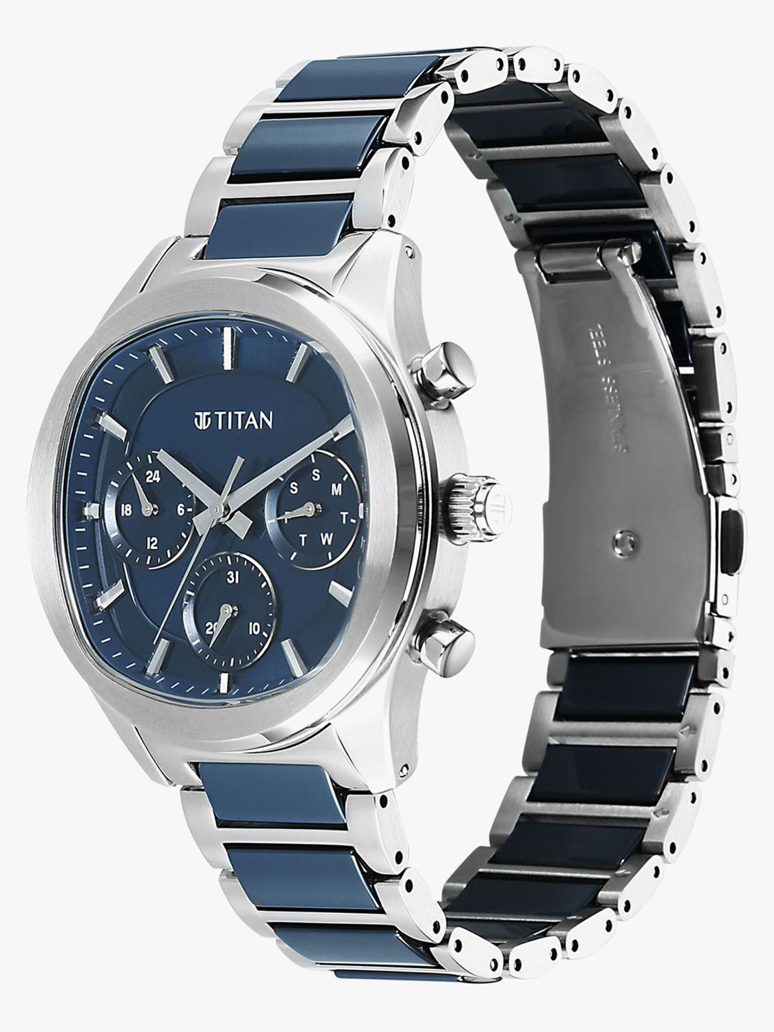Image of Titan Ceramic Fusion 3.0 Blue Dial Blue Solid Link Stainless Steel Strap Analog Watch - For Men