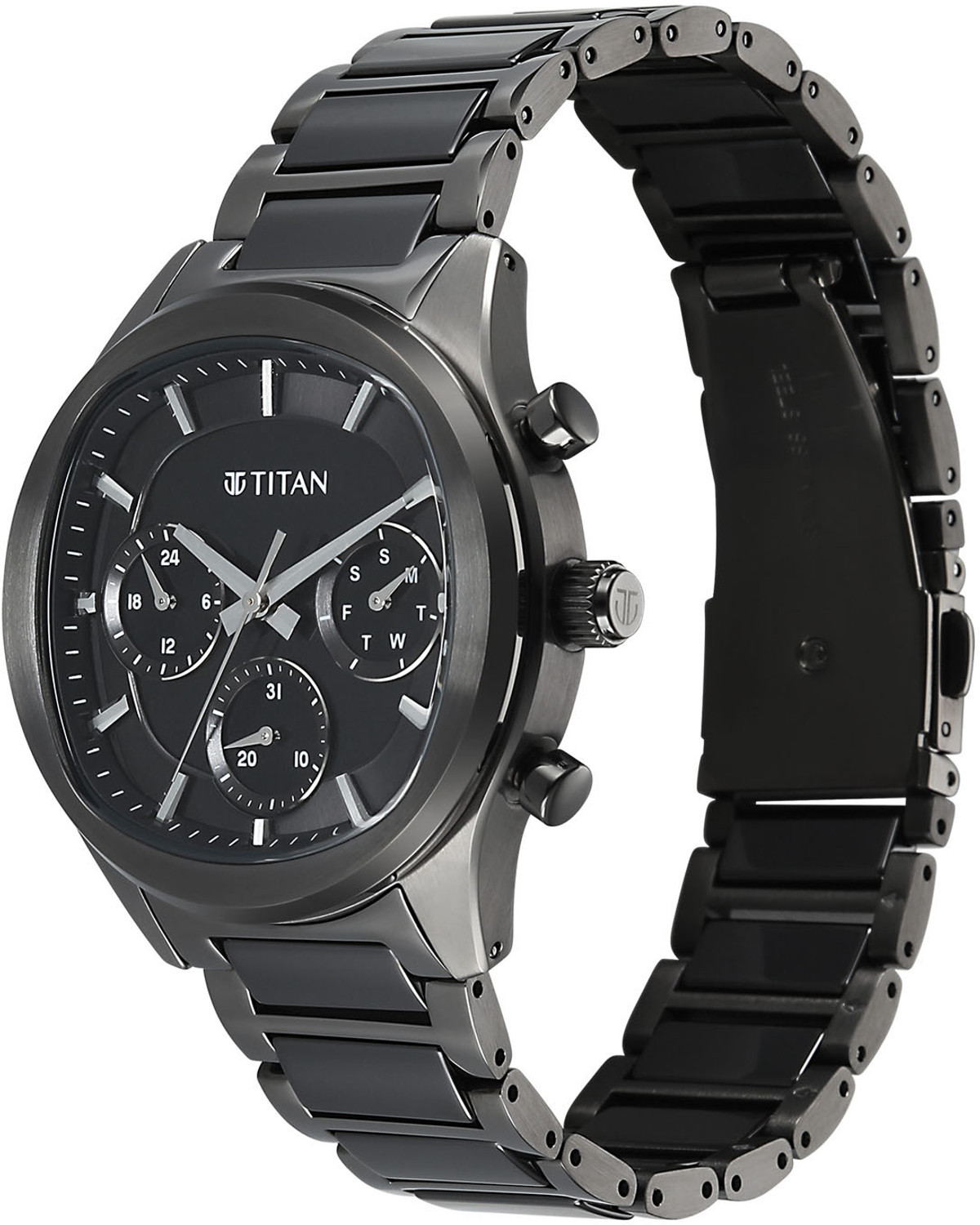 Image of Titan CERAMIC FUSION 3.0 Ceramic Fusion 3.0 Black Dial Black Solid Link Stainless Steel Strap Analog Watch - For Men