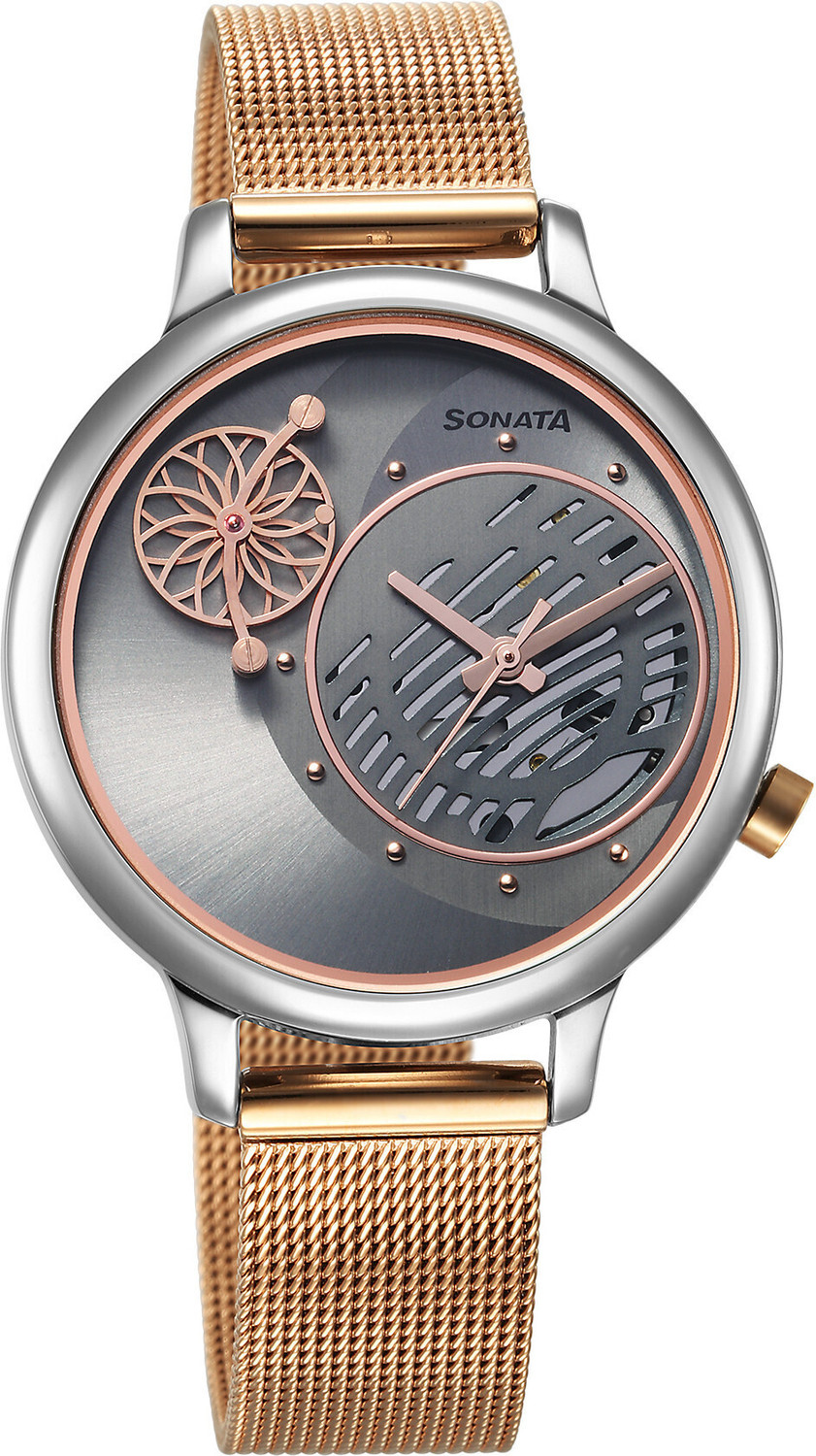 Image of SONATA Unveil- 3.0 Sonata Unveil Anthracite Dial Rose Gold Stainless Steel Strap Analog Watch - For Women