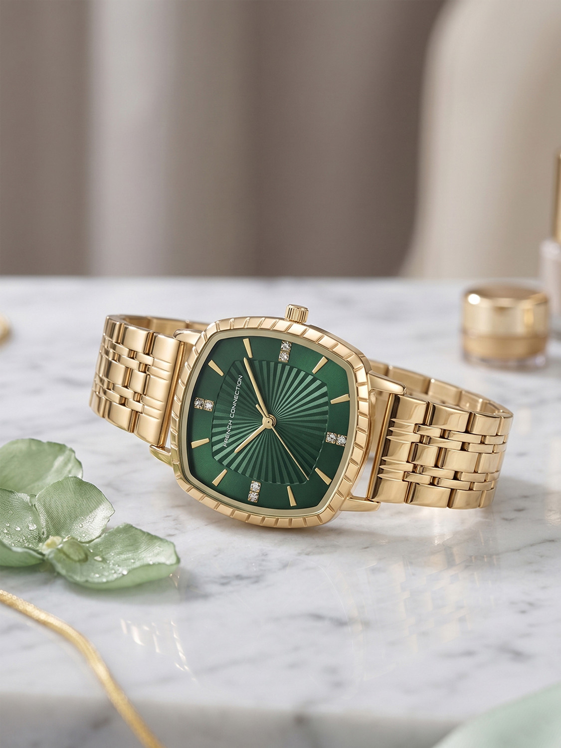 Image of French Connection LUMINEA Green Texture Square Dial | Gold Stainless Steel Analog Watch for Women Analog Watch - For Women