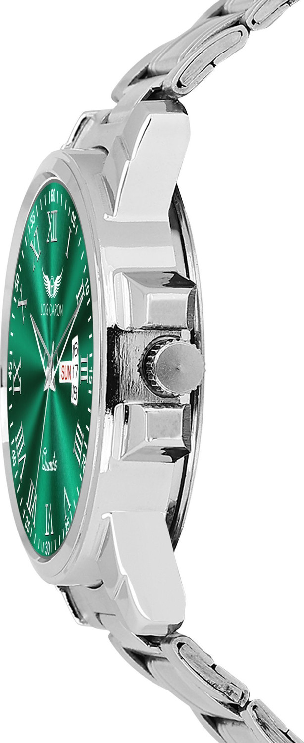 Image of LOIS CARON LCS-8357 Day and Date Functioning Olive Green Dial Metal Strap Quartz Stylish Analog Watch - For Men
