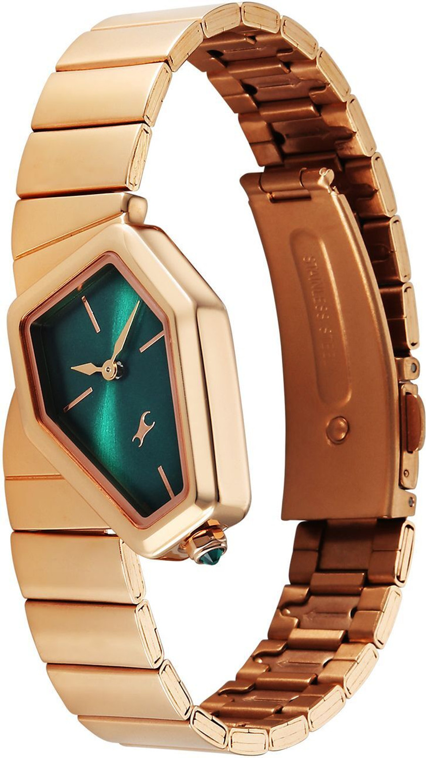 Image of Fastrack Fastrack Wild Wild Viper-Inspired Unique Shaped Green IP Rose Gold Strap Analog Watch - For Women