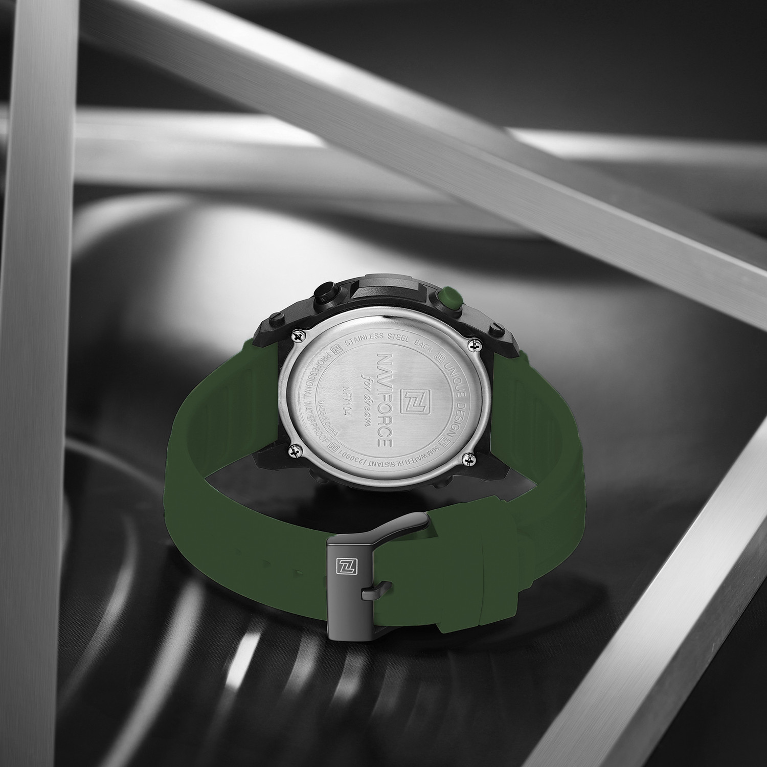 Image of NAVIFORCE NF7104 Green silicone light weight strap multi-function round dial Digital Watch - For Men