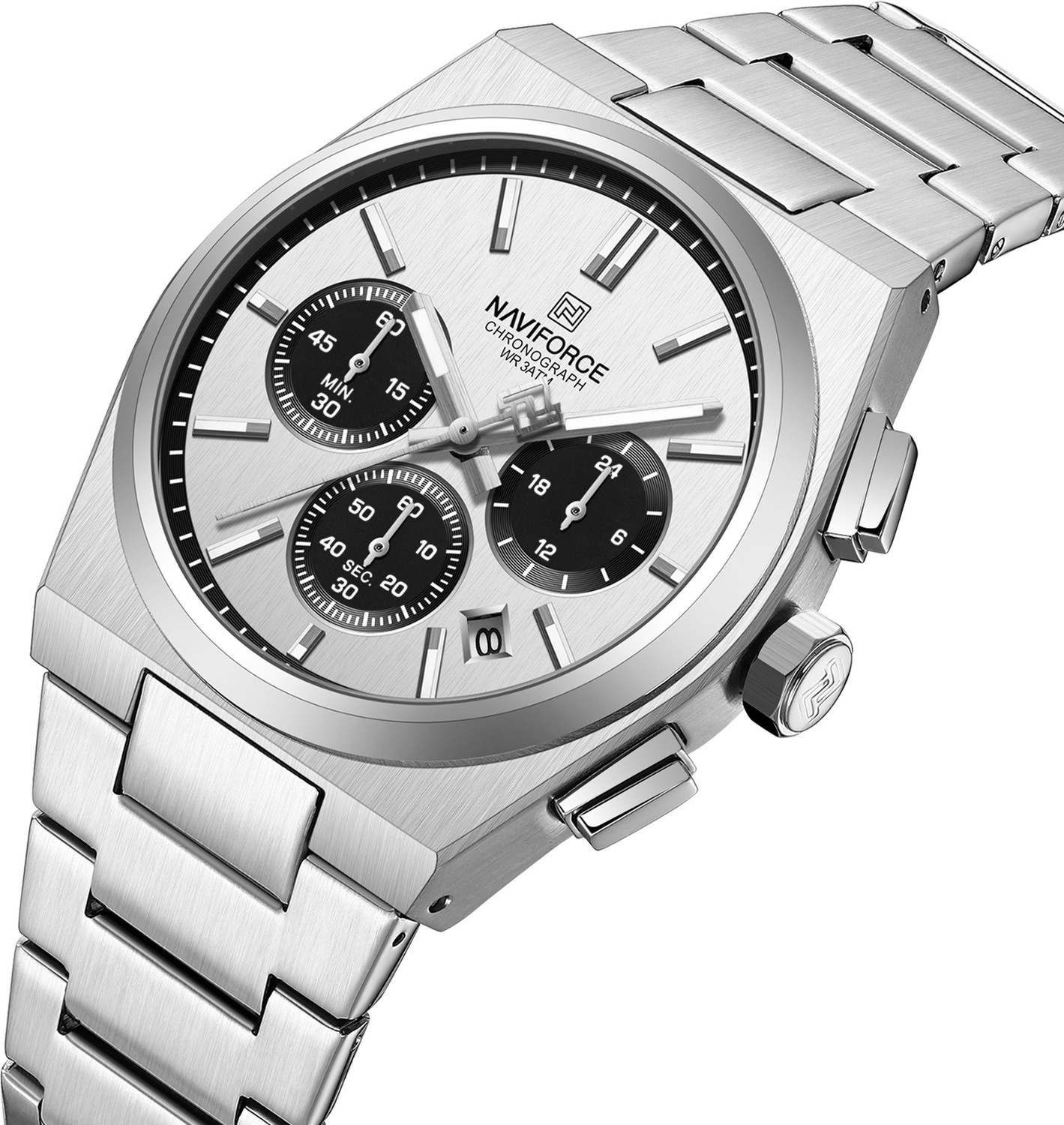 Image of NAVIFORCE NF8048G White chronograph dial With Silver stainless steel strap Analog Watch - For Men