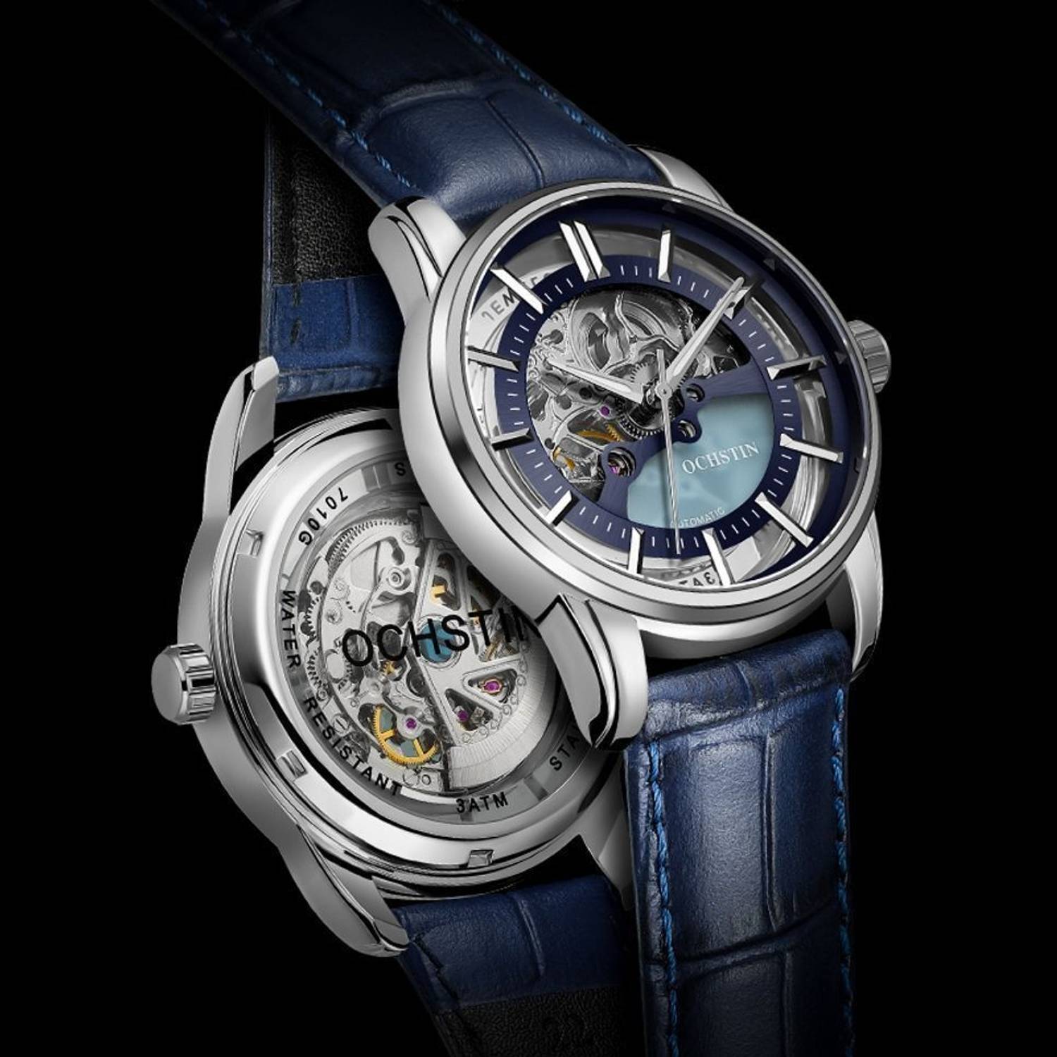 Ochstin Men's Blue Dial Automatic Mechanical Skeleton Watch - Image 2