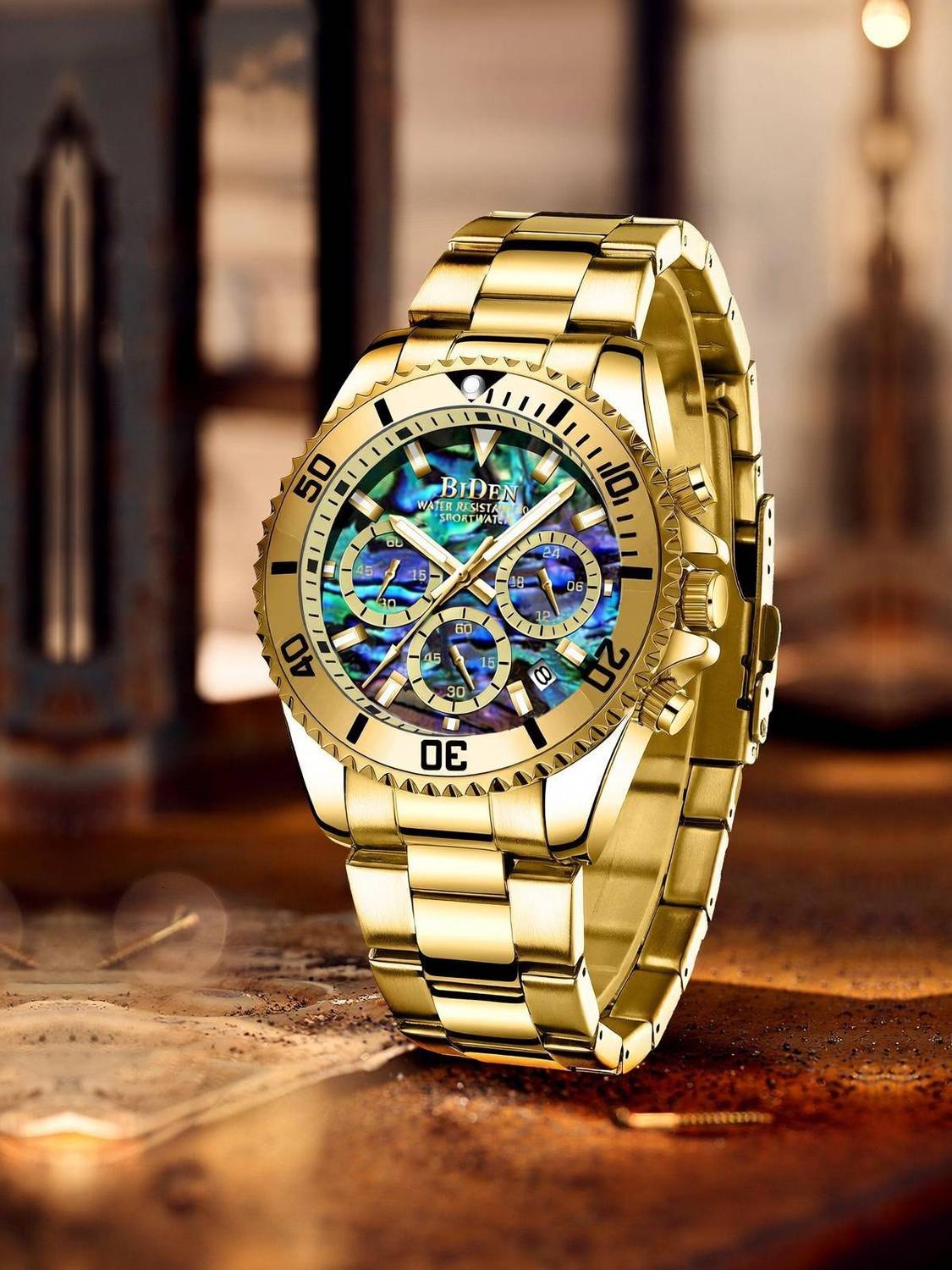 BIDEN Mens Watch Chronograph Luxury Gold chain Wrist Watch Golden dial watch Analog Watch  - For Men