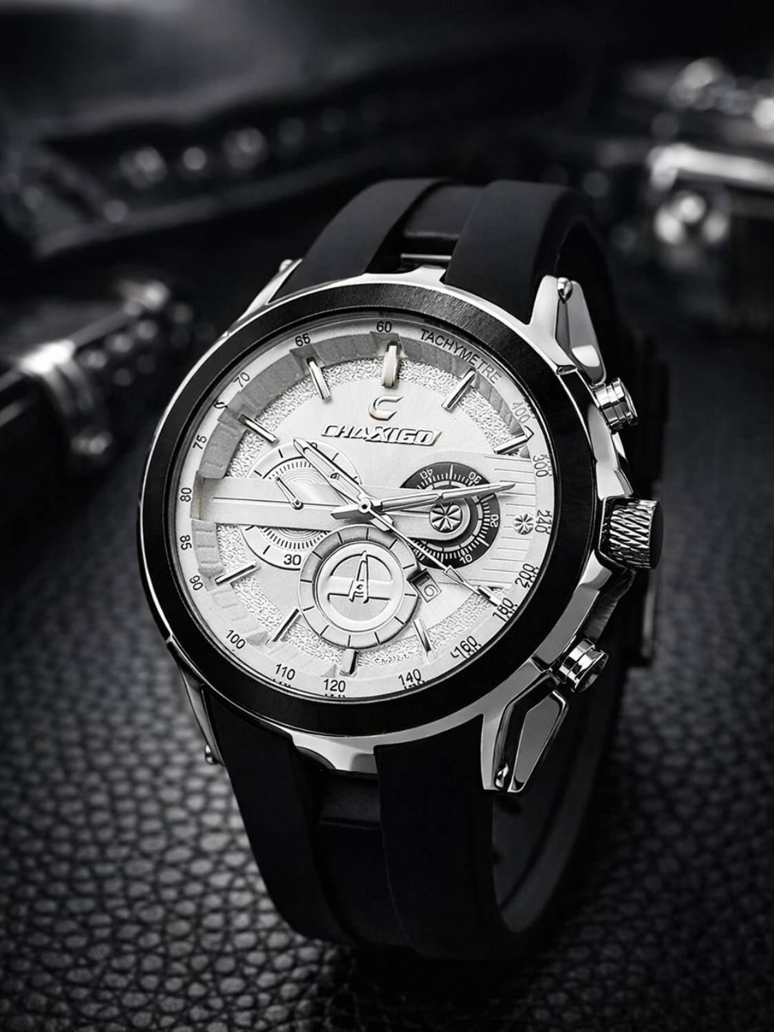 Chaxigo Classic White Dial Black Silicone Strap Chronograph Analog