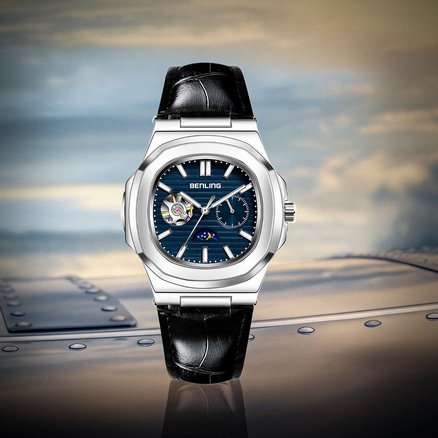 Image of Benling Benling Regalia Series - Open Heart Dial with Moonphase Benling Automatic mechanical watch for men Analog Watch - For Men