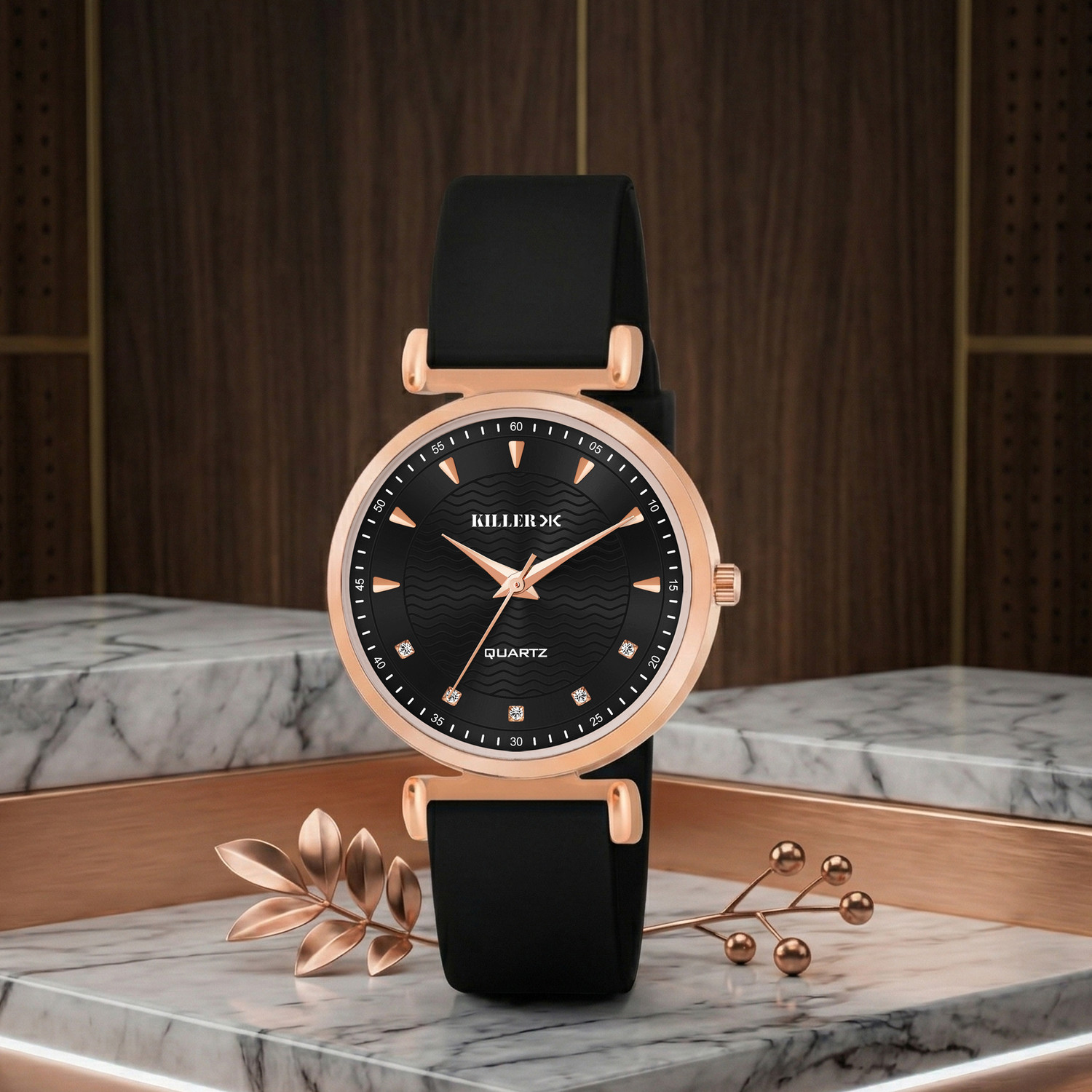 Image of KILLER Elegant Black Dial Watch with Black Silicone Strap Analog Watch - For Women
