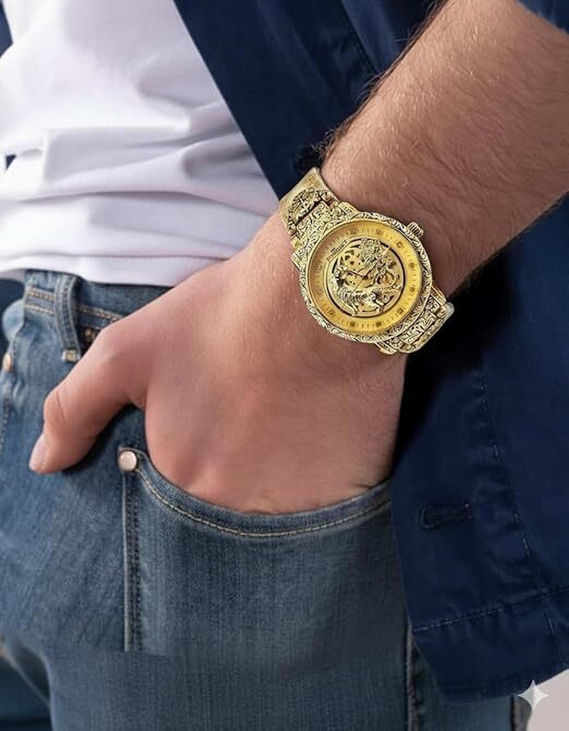 Image of sanowrex Luxury Dragon Design Mechanical Watch,Tiger Design, with Date Display Analog Watch - For Men