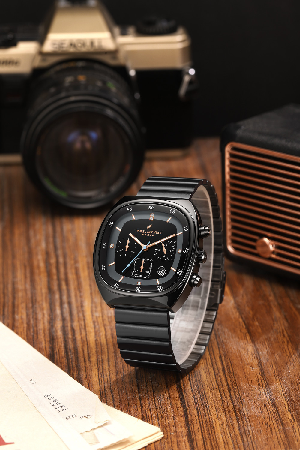 Image of DANIEL HECHTER Model DHM1001 Paris Bercy Collection Modern Multi Functional Square Dial and Stainless Strap Analog Watch - For Men