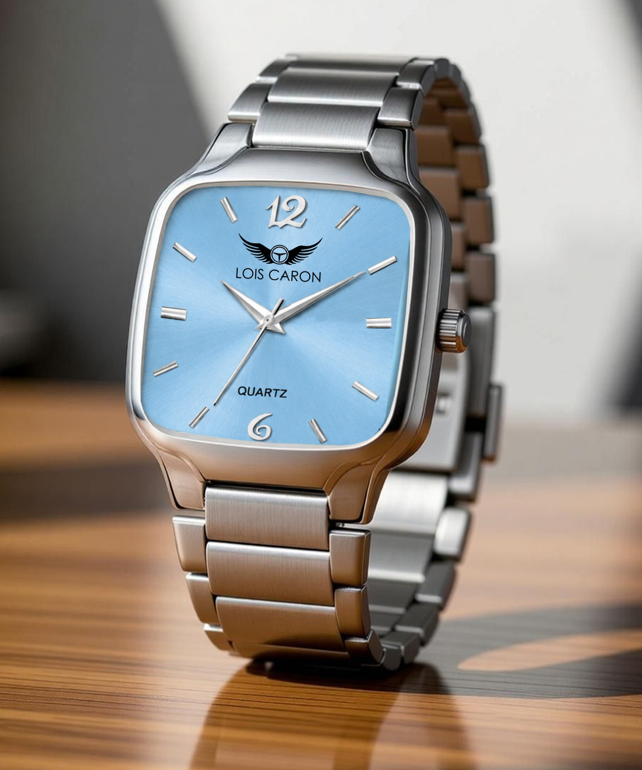 Image of LOIS CARON LCS-4297 (sKY BLUE) Men's Premium Square Ice Blue Sunray Dial | Silver Stainless Steel Strap Analog Watch - For Men